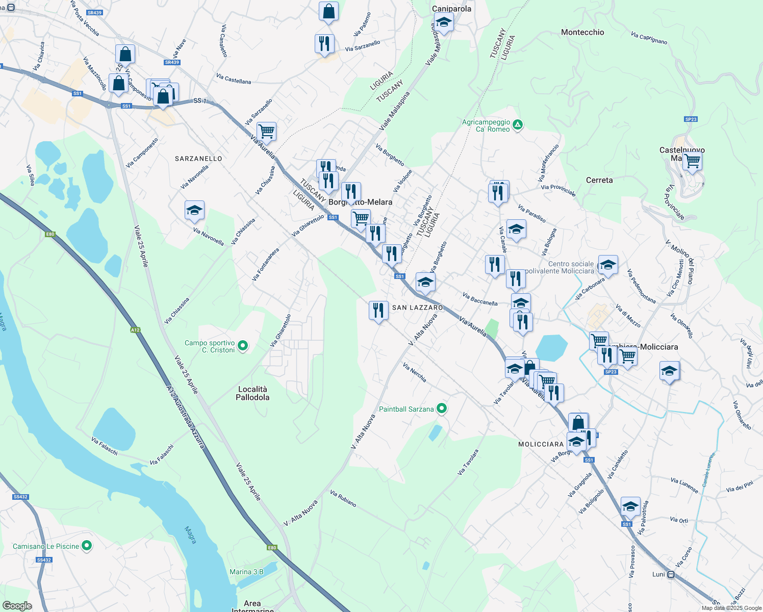 map of restaurants, bars, coffee shops, grocery stores, and more near 40 Via Alta in Sarzana