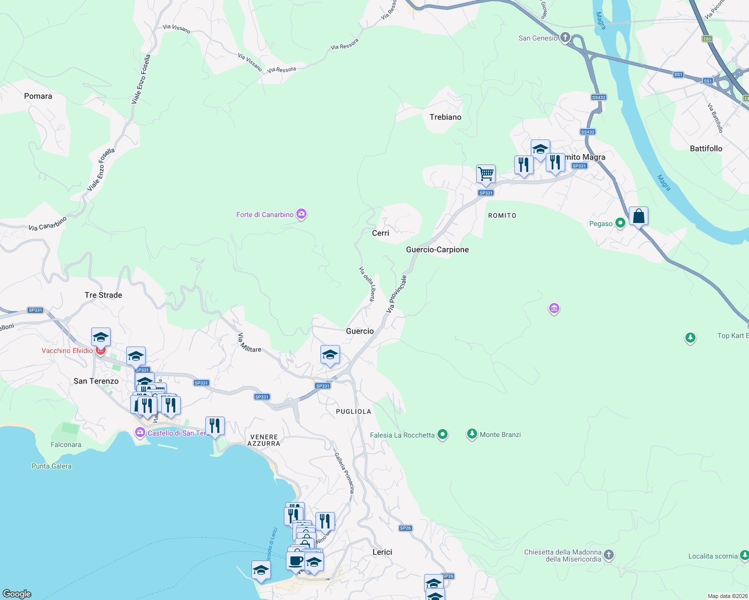 map of restaurants, bars, coffee shops, grocery stores, and more near 23 Via della Libertà in Guercio