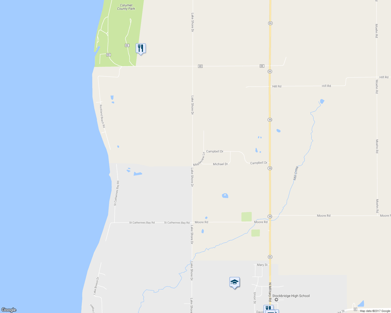 map of restaurants, bars, coffee shops, grocery stores, and more near N5578 Lake Shore Drive in Hilbert