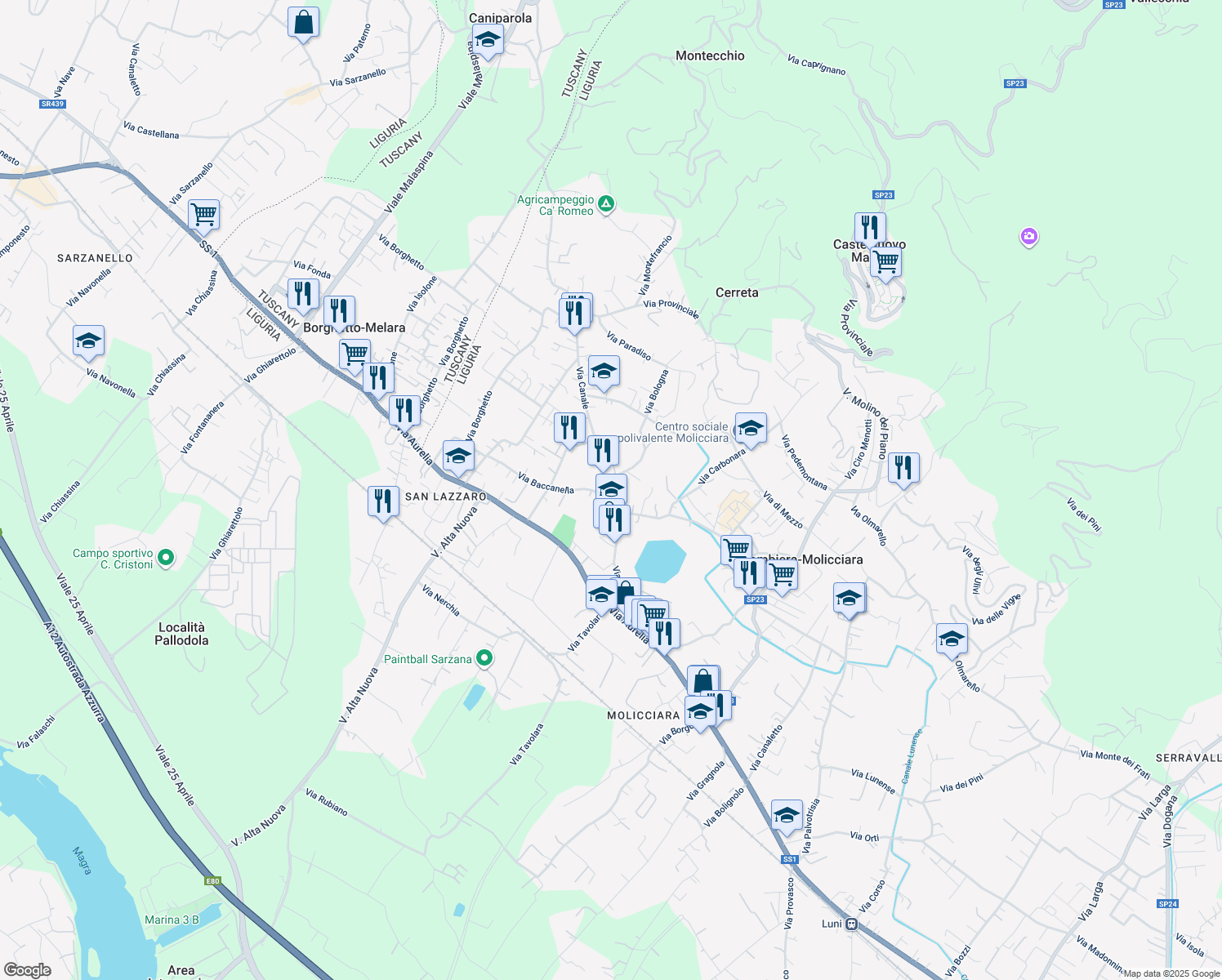 map of restaurants, bars, coffee shops, grocery stores, and more near 118 Via Canale in Colombiera-Molicciara