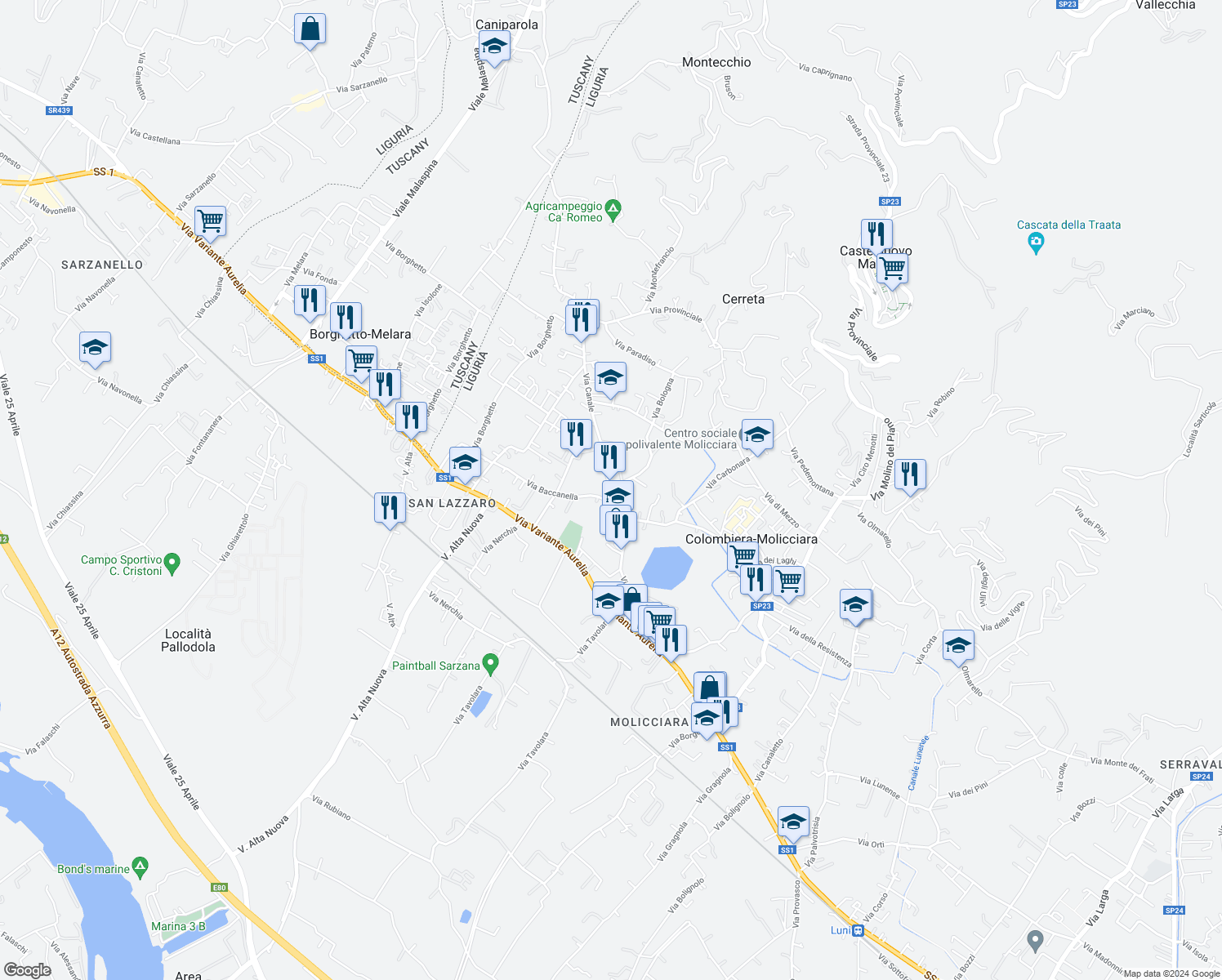 map of restaurants, bars, coffee shops, grocery stores, and more near 84 Via Canale in Colombiera-molicciara