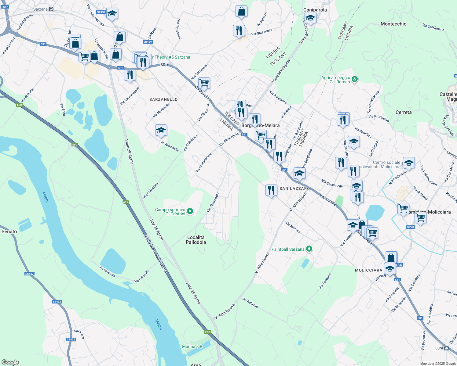 map of restaurants, bars, coffee shops, grocery stores, and more near 89-g Via Ghiarettolo in Sarzana