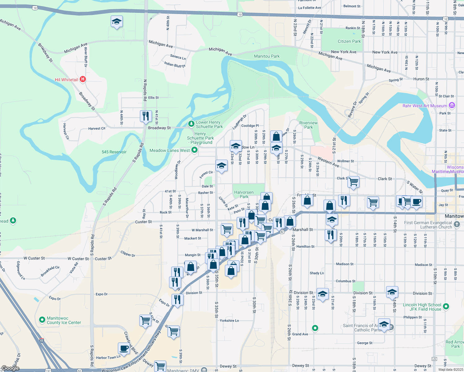 map of restaurants, bars, coffee shops, grocery stores, and more near 813 South 33rd Street in Manitowoc