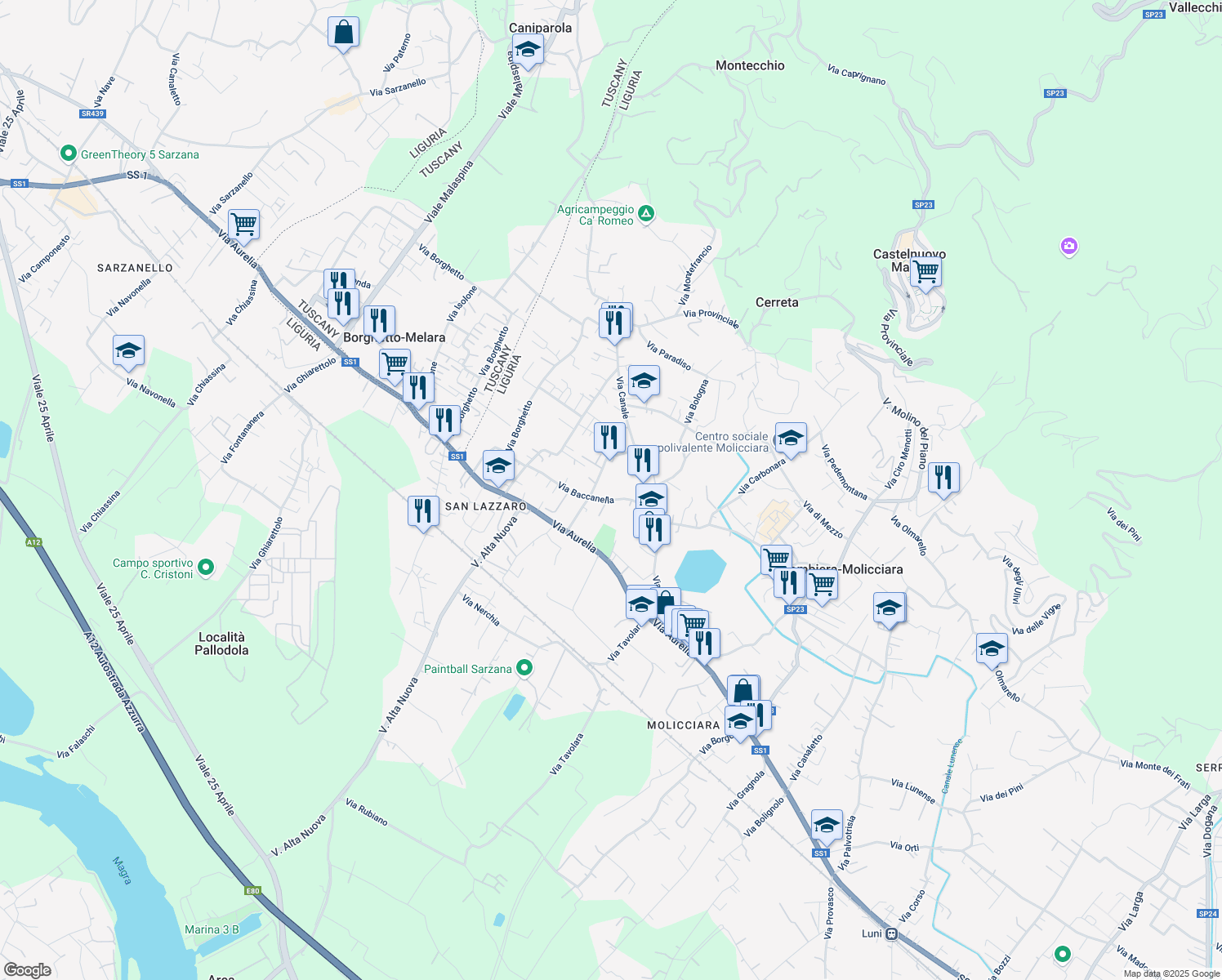 map of restaurants, bars, coffee shops, grocery stores, and more near 9 Via Baccanella in Colombiera-molicciara