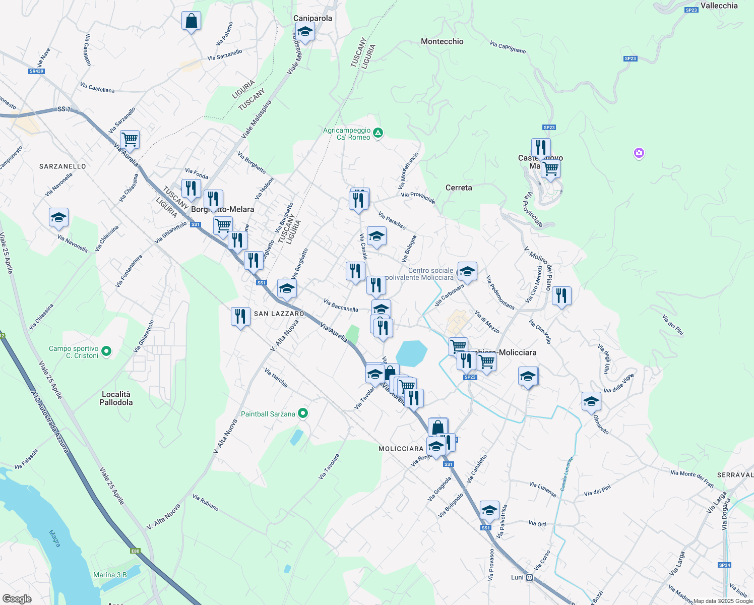 map of restaurants, bars, coffee shops, grocery stores, and more near 84 Via Canale in Colombiera-molicciara