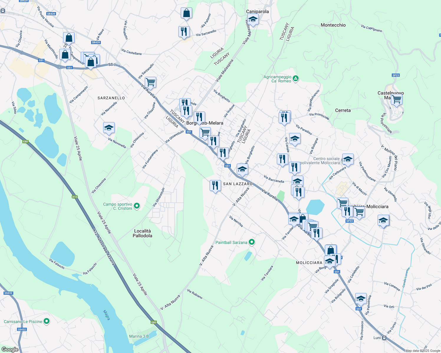 map of restaurants, bars, coffee shops, grocery stores, and more near 40 Via Alta in Sarzana