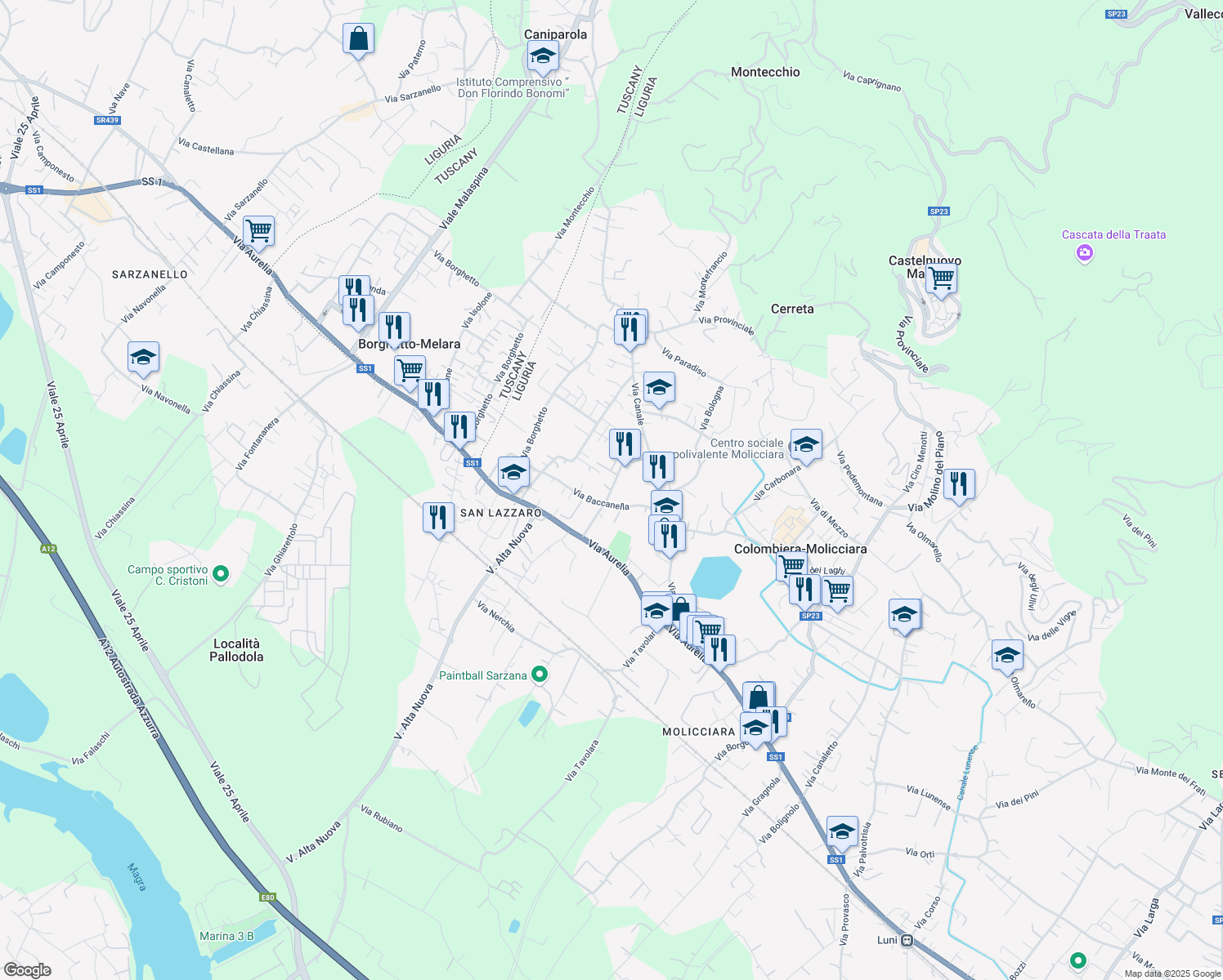 map of restaurants, bars, coffee shops, grocery stores, and more near 12 Via Aglione in Colombiera-molicciara