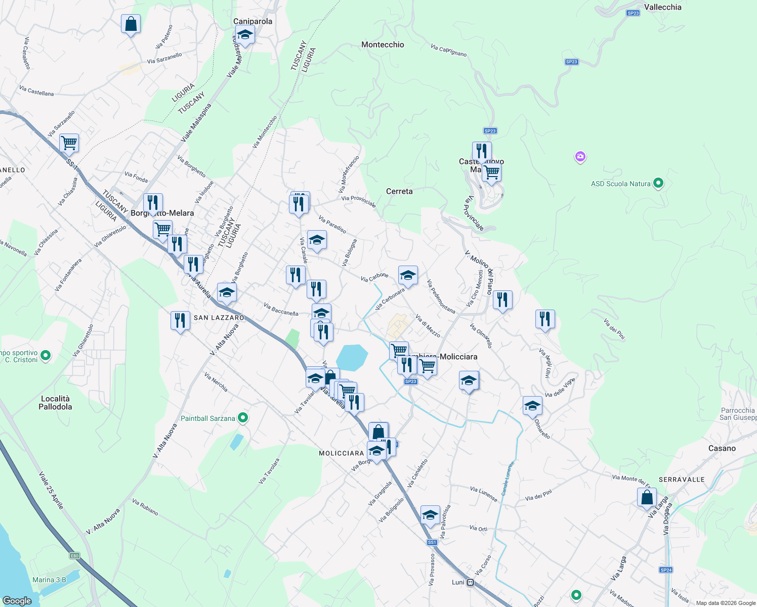 map of restaurants, bars, coffee shops, grocery stores, and more near 29 Via Carbonara in Colombiera-molicciara