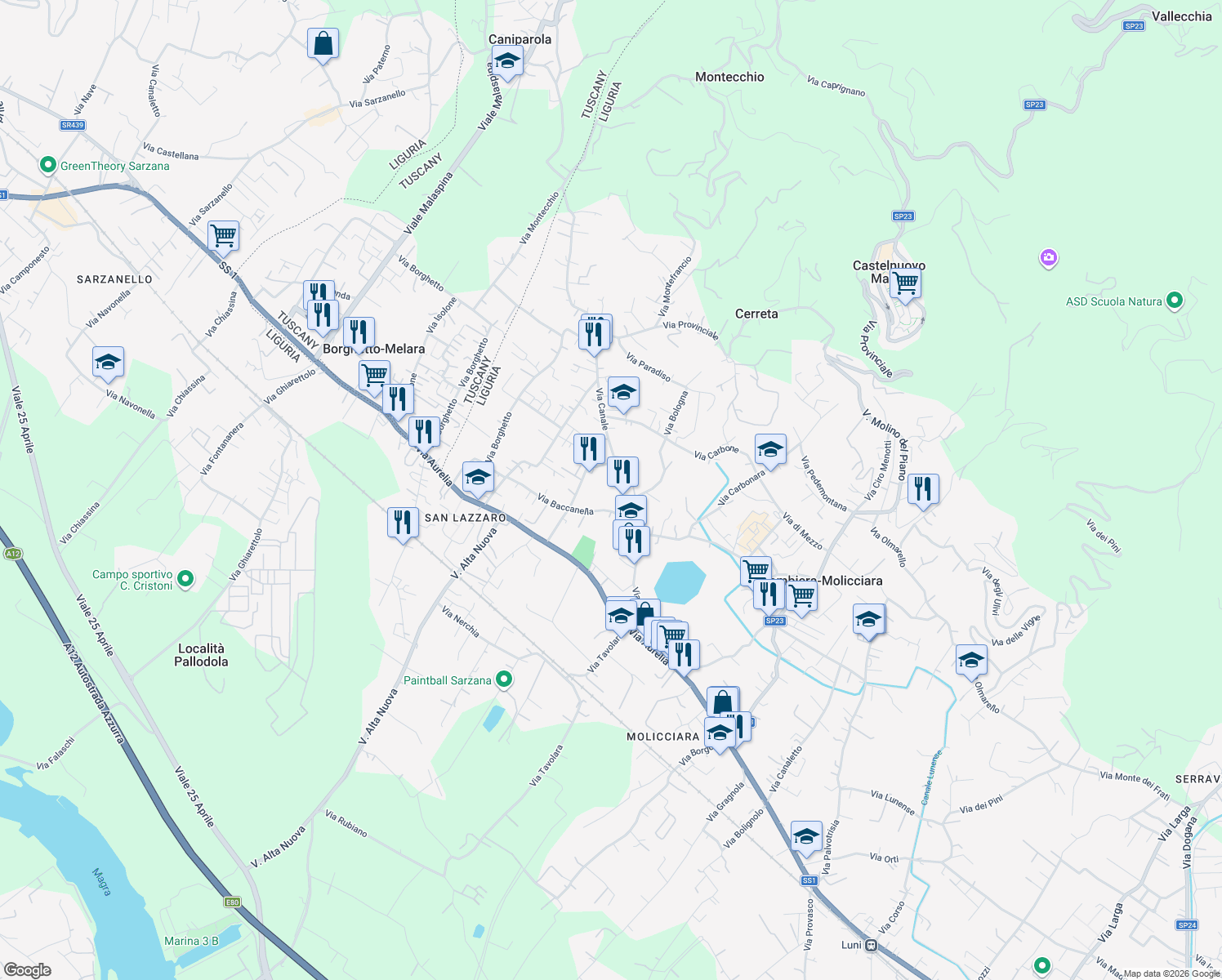 map of restaurants, bars, coffee shops, grocery stores, and more near in Colombiera-molicciara