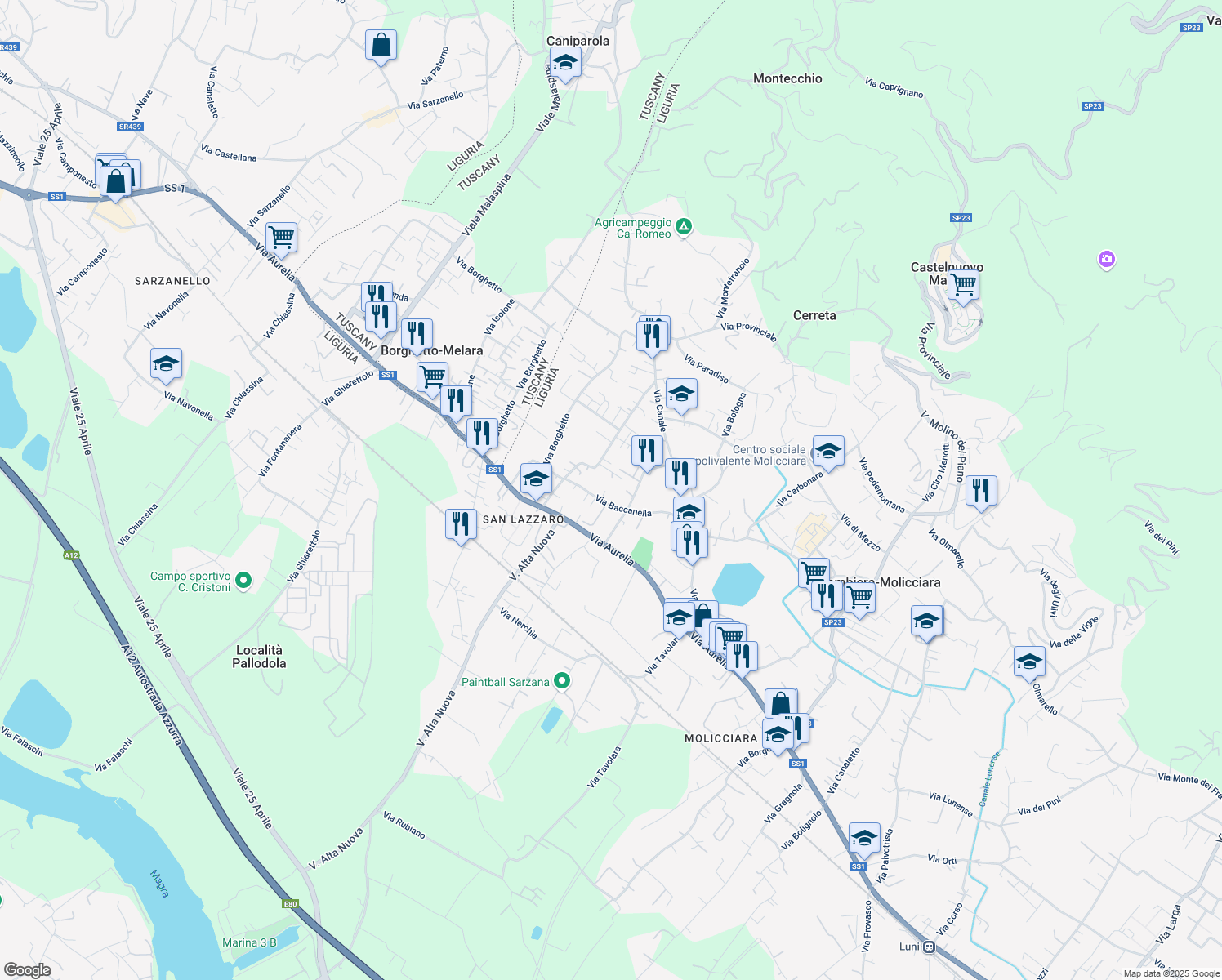 map of restaurants, bars, coffee shops, grocery stores, and more near 24 Via Aglione in Colombiera-Molicciara