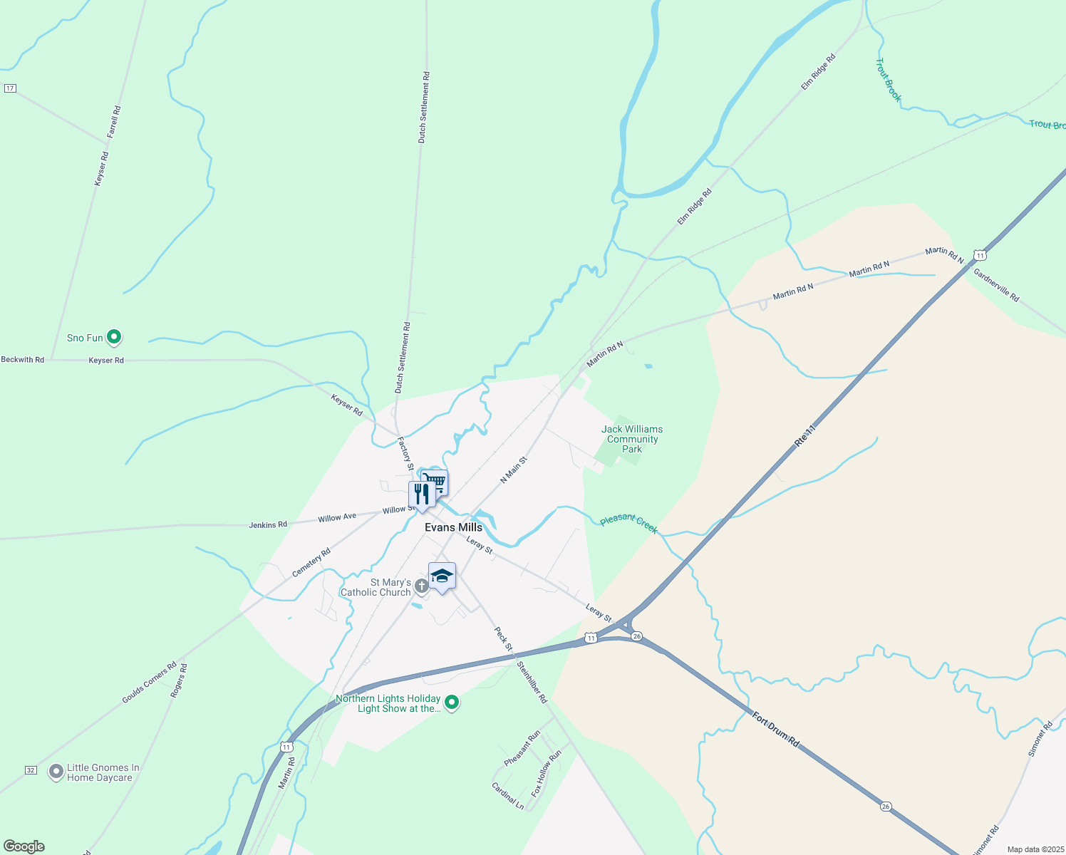 map of restaurants, bars, coffee shops, grocery stores, and more near 8805 N Main St in Evans Mills