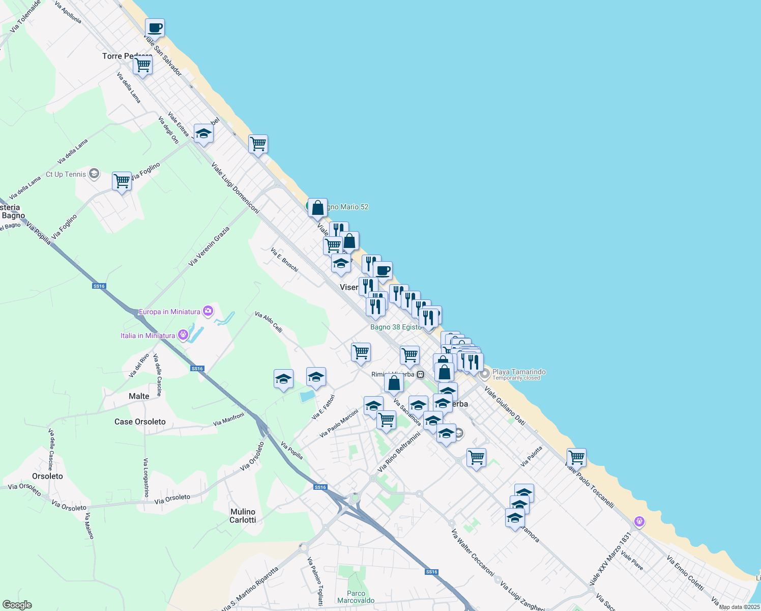 map of restaurants, bars, coffee shops, grocery stores, and more near 1 Viale Pedrizzi in Rimini