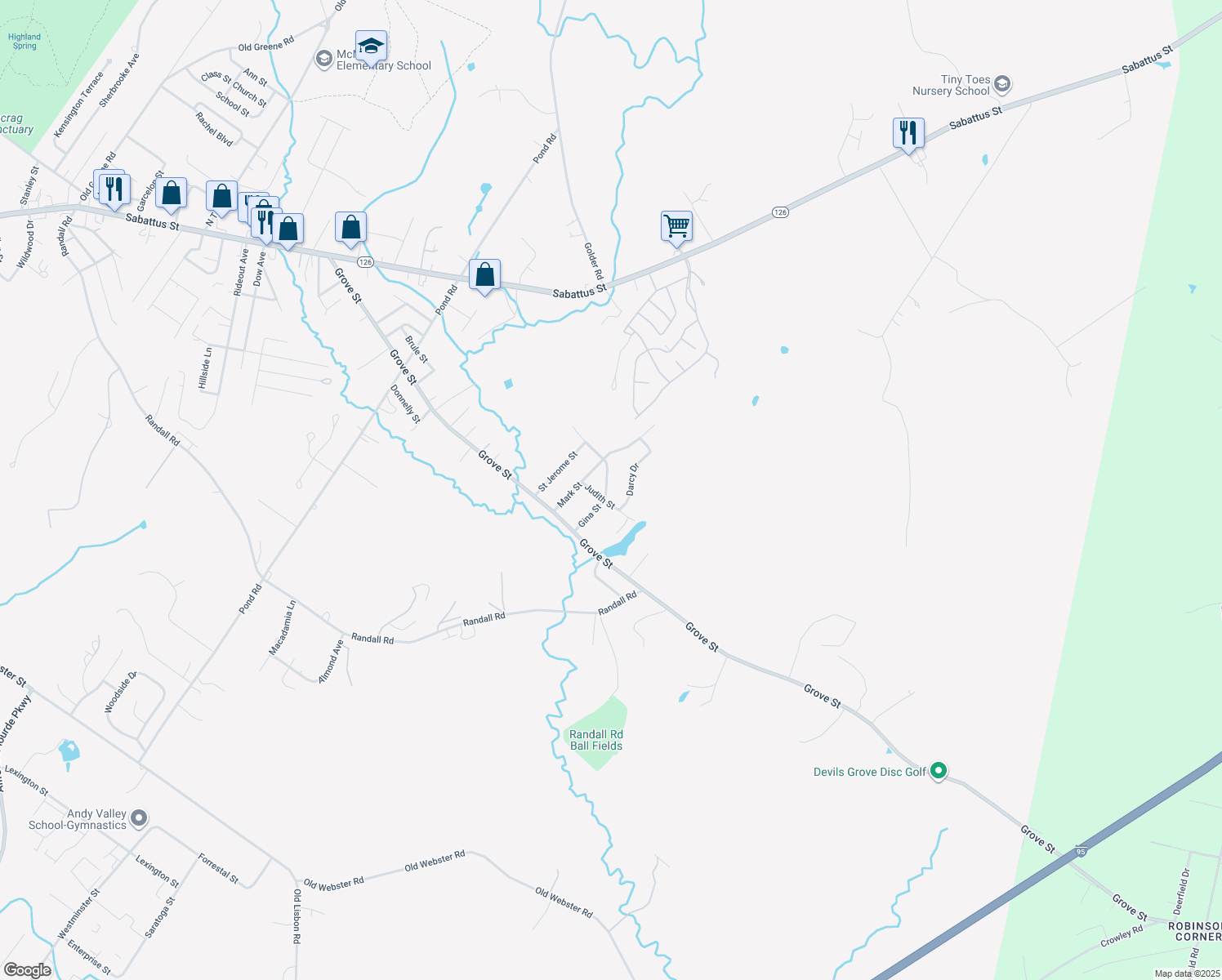 map of restaurants, bars, coffee shops, grocery stores, and more near 23 Gina Street in Lewiston