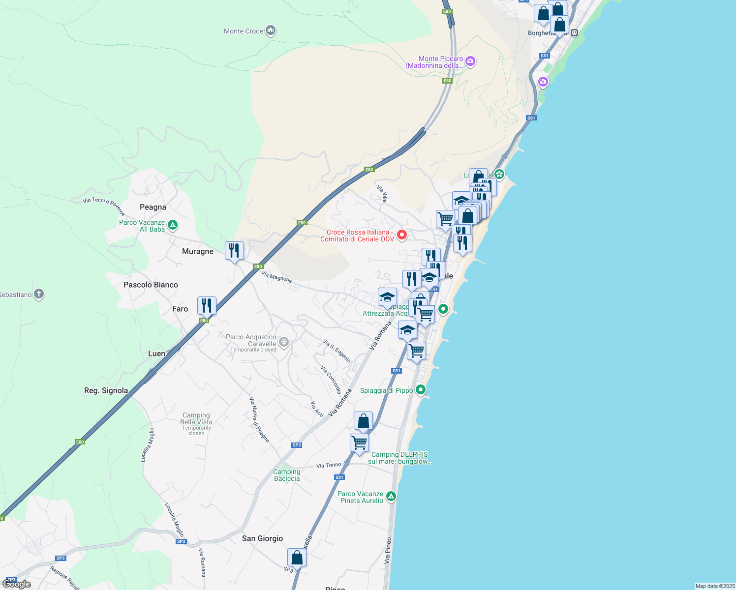map of restaurants, bars, coffee shops, grocery stores, and more near 4 Via Alba in Ceriale