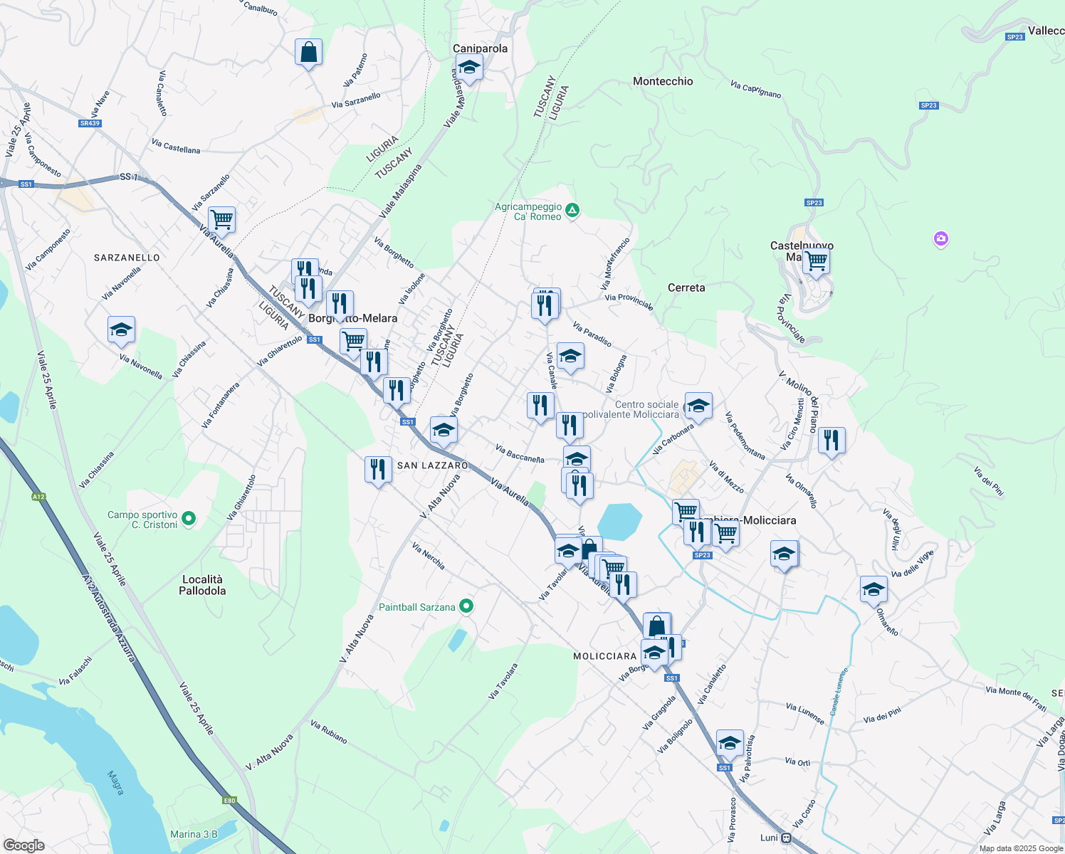 map of restaurants, bars, coffee shops, grocery stores, and more near 12 Via Aglione in Colombiera-molicciara