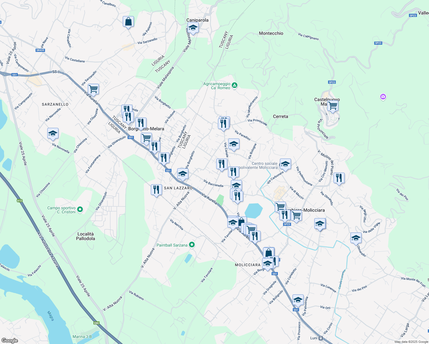 map of restaurants, bars, coffee shops, grocery stores, and more near 12 Via Aglione in Colombiera-molicciara