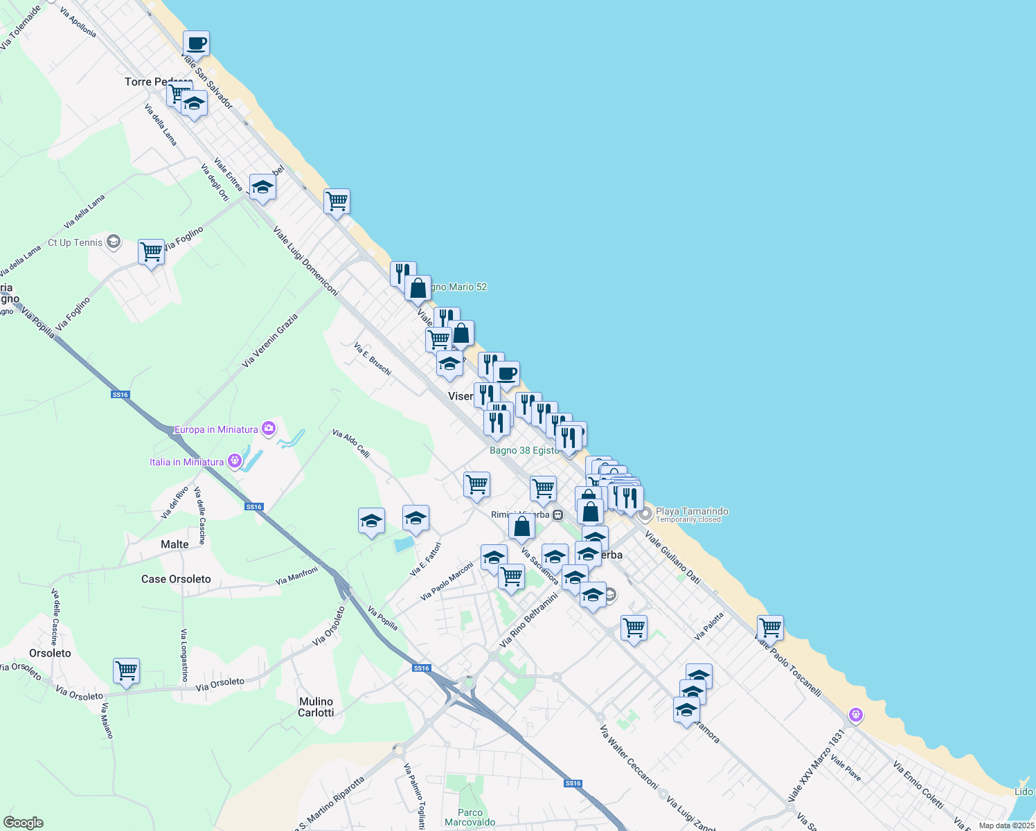 map of restaurants, bars, coffee shops, grocery stores, and more near 1 Viale Pedrizzi in Rimini