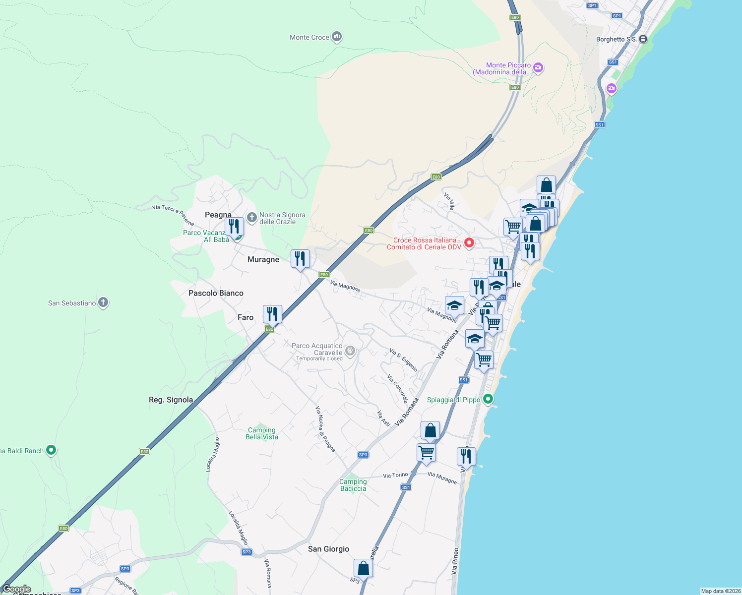 map of restaurants, bars, coffee shops, grocery stores, and more near 59 Via Magnone in Ceriale