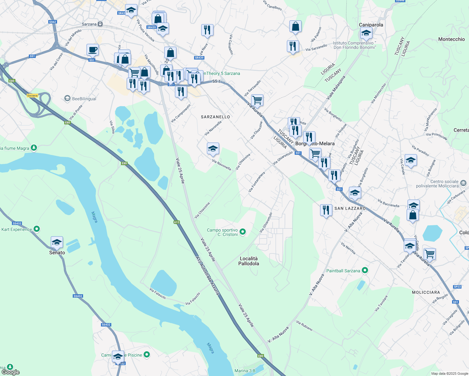 map of restaurants, bars, coffee shops, grocery stores, and more near 67 Via Fontananera in Sarzana