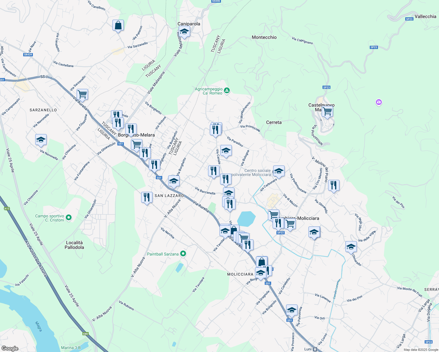 map of restaurants, bars, coffee shops, grocery stores, and more near in Colombiera-molicciara