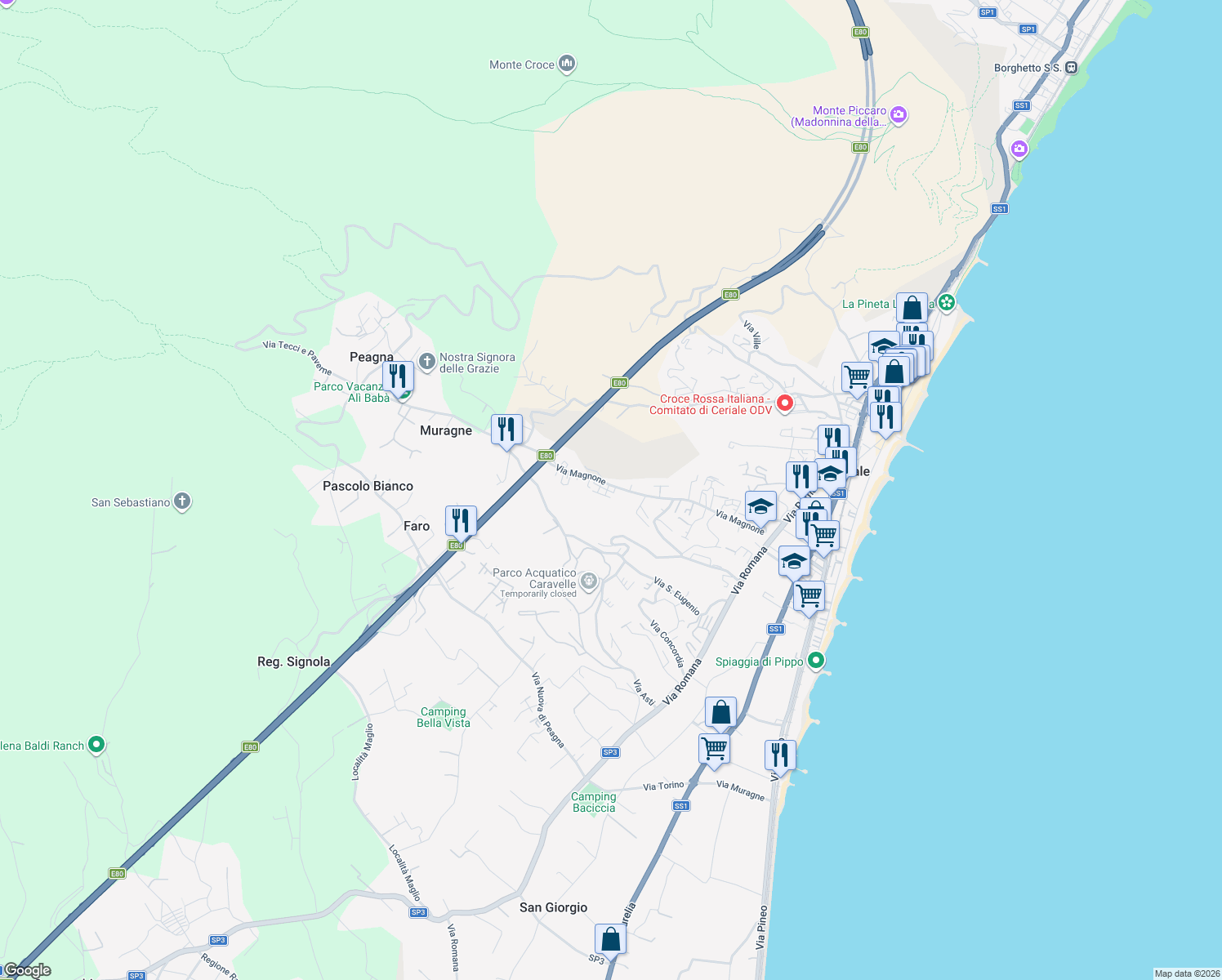map of restaurants, bars, coffee shops, grocery stores, and more near 59 Via Magnone in Ceriale