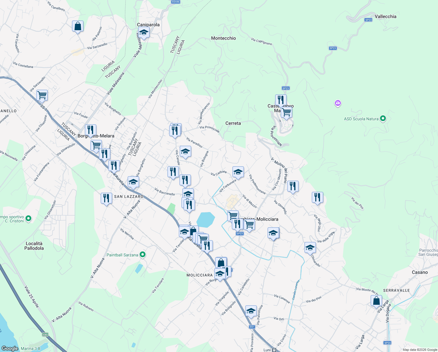 map of restaurants, bars, coffee shops, grocery stores, and more near 29 Via Carbonara in Colombiera-molicciara