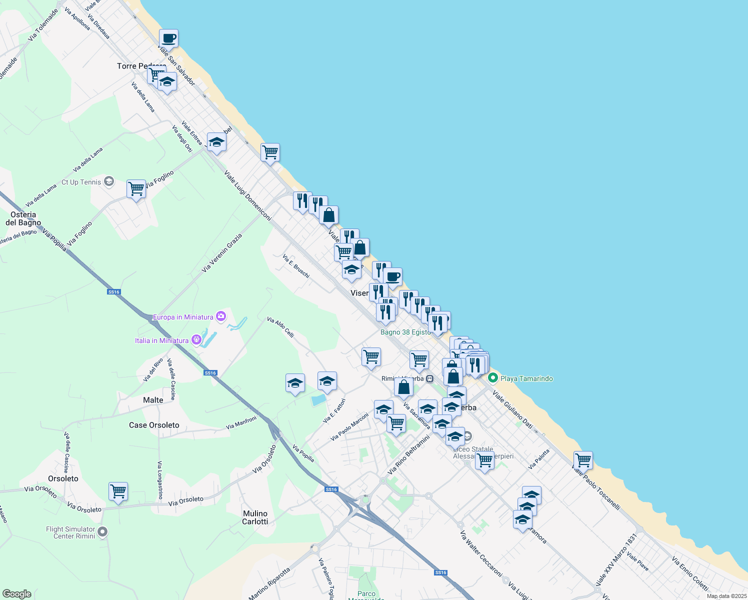 map of restaurants, bars, coffee shops, grocery stores, and more near 13 Viale Guido Petropoli in Rimini