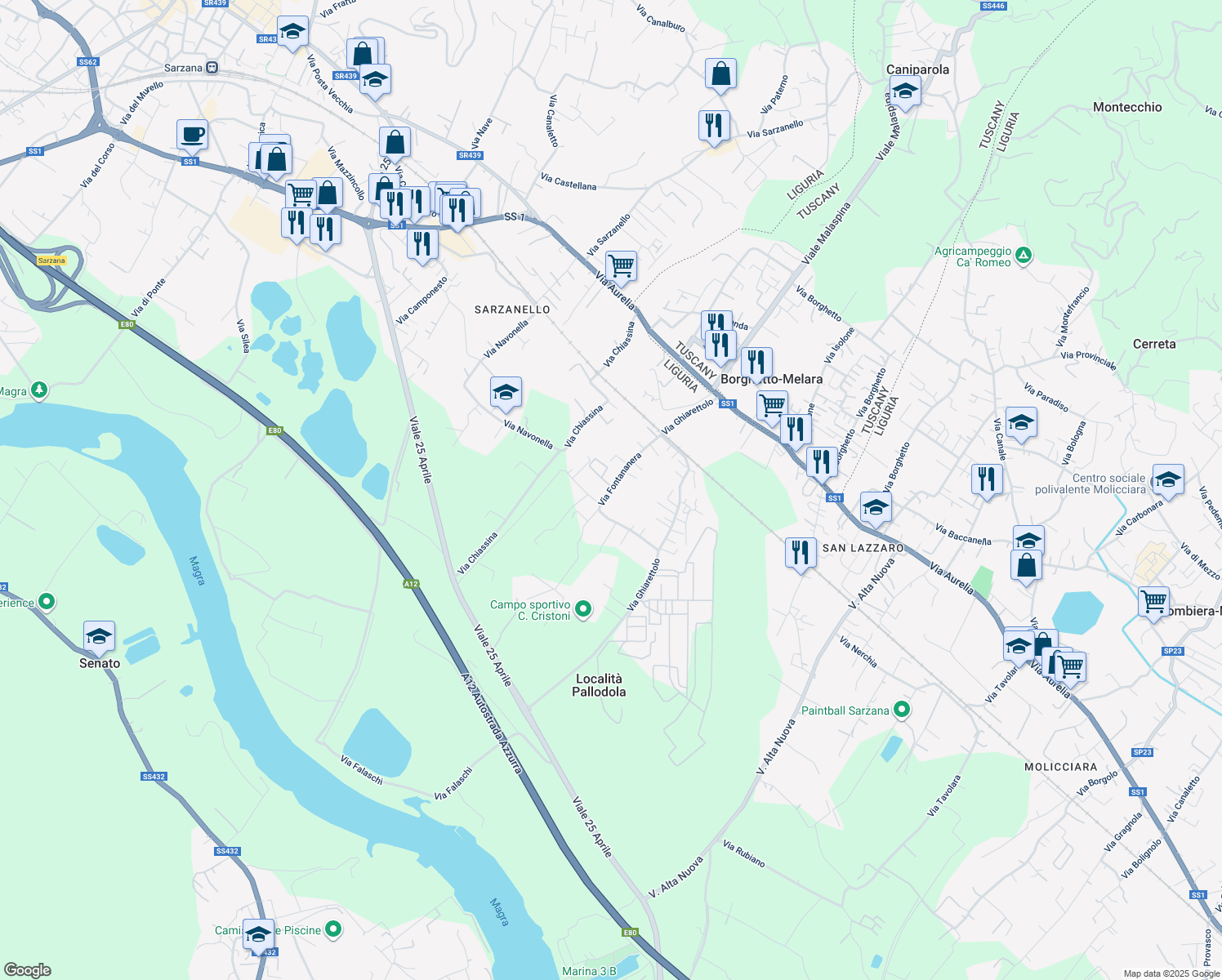 map of restaurants, bars, coffee shops, grocery stores, and more near 67 Via Fontananera in Sarzana