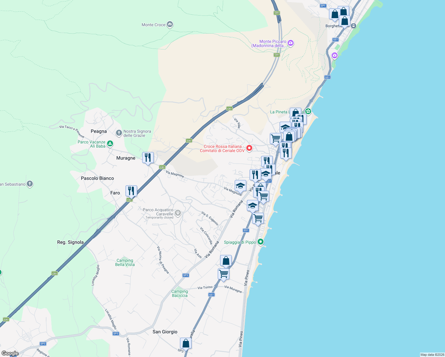 map of restaurants, bars, coffee shops, grocery stores, and more near 13 Via Magnone in Ceriale