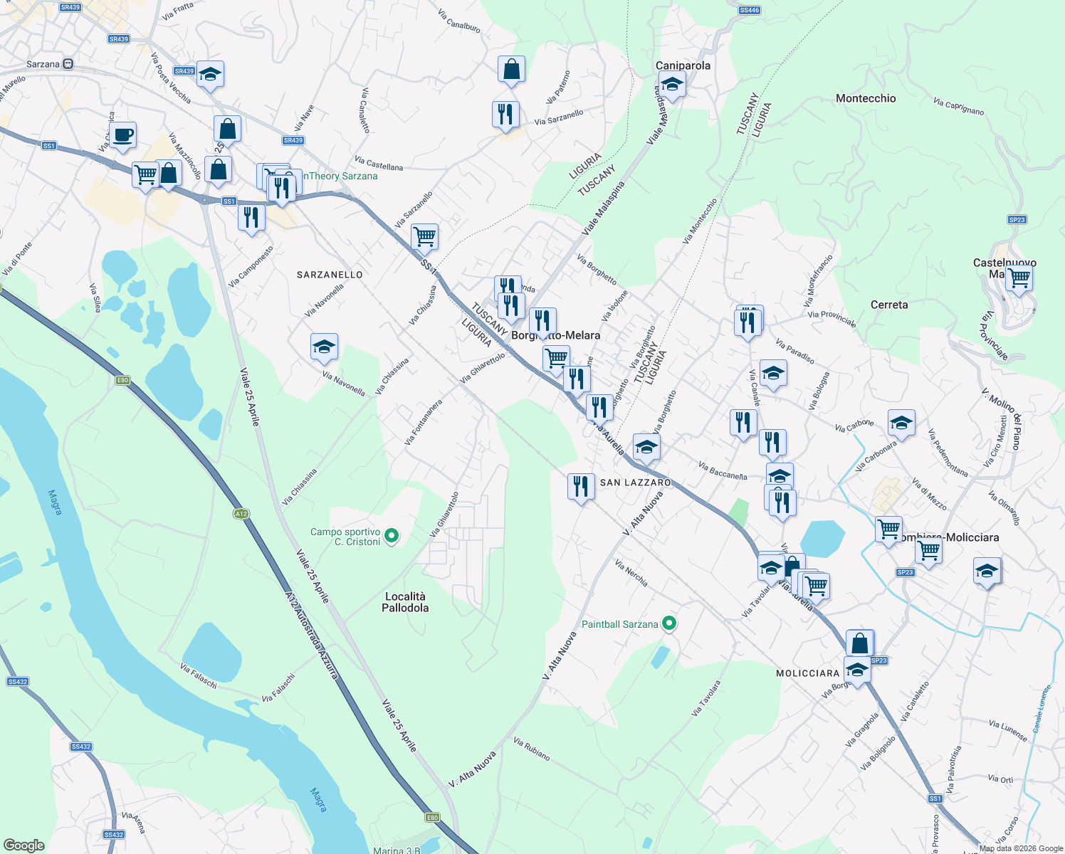 map of restaurants, bars, coffee shops, grocery stores, and more near 284 Strada Statale 1 in S. Lazzaro