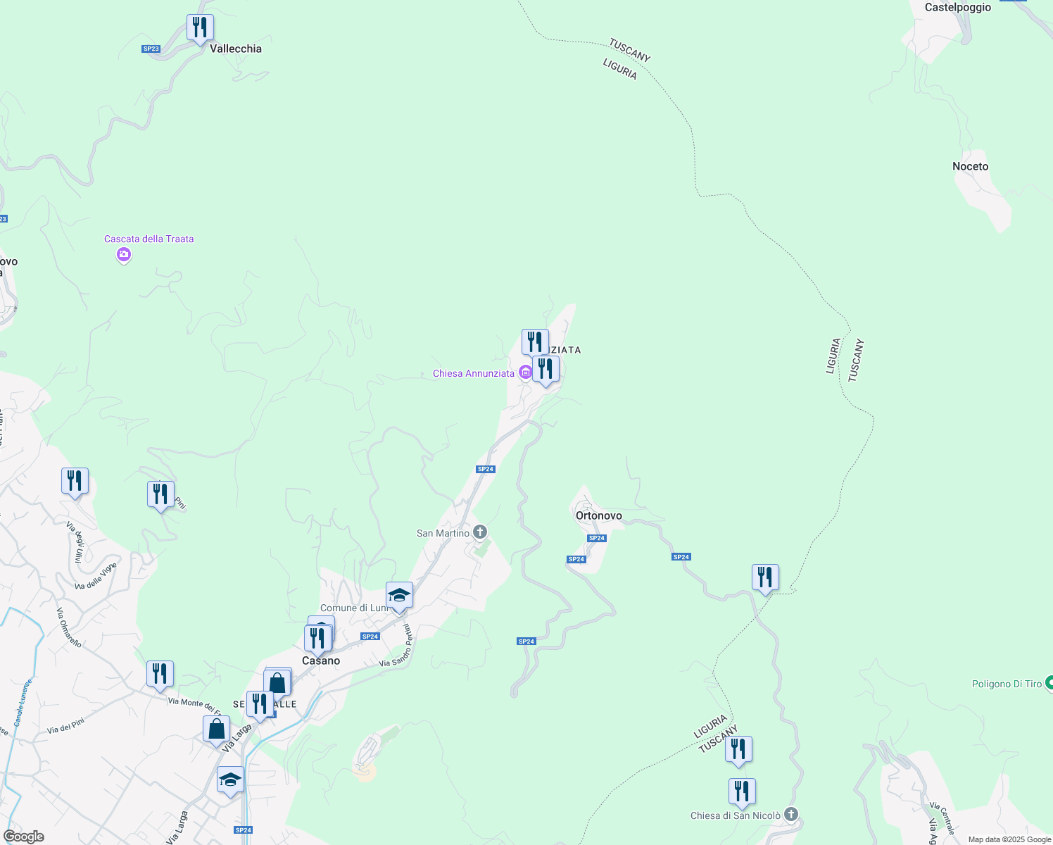 map of restaurants, bars, coffee shops, grocery stores, and more near 124 SP24 in Casano