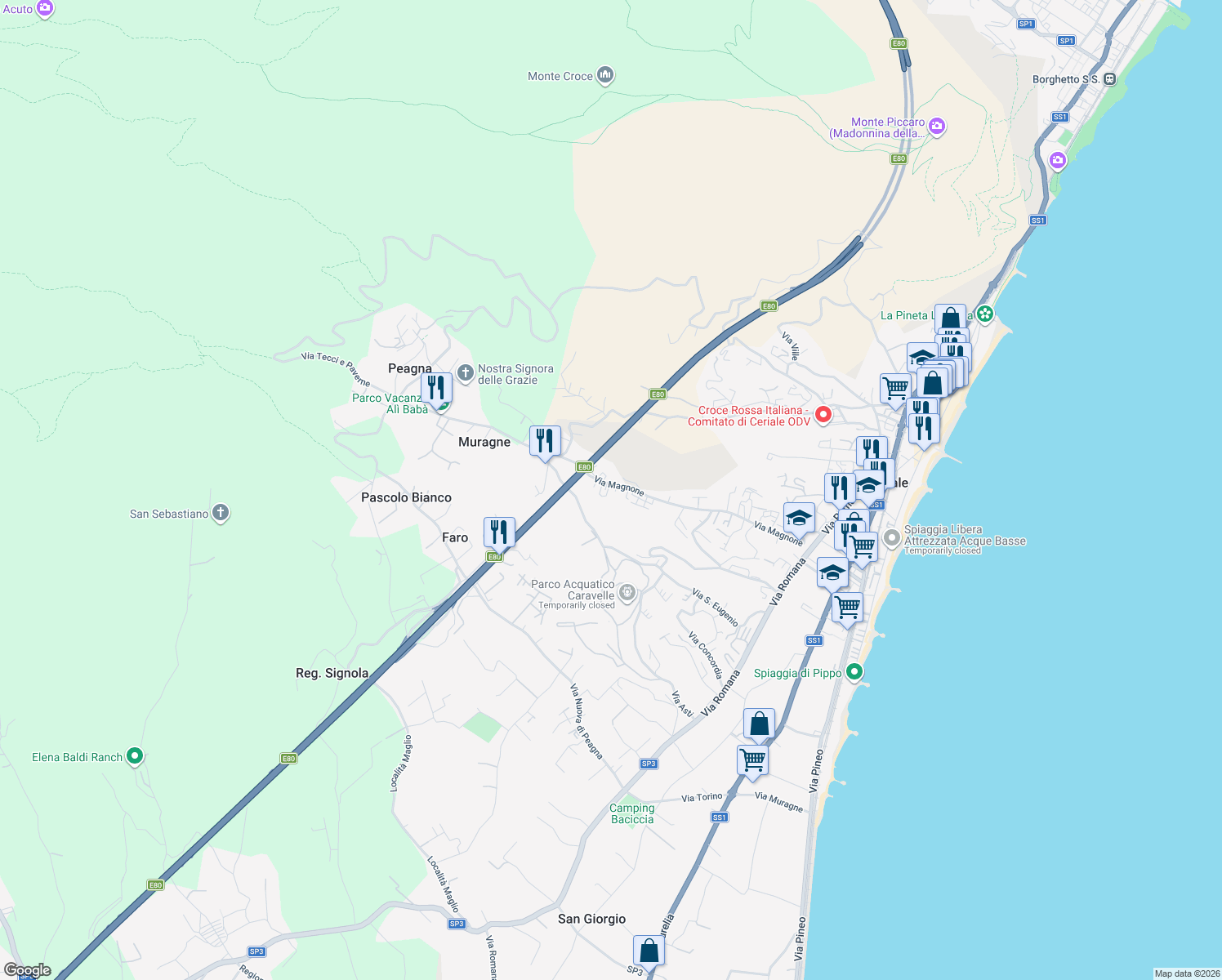 map of restaurants, bars, coffee shops, grocery stores, and more near 126 Via Magnone in Ceriale