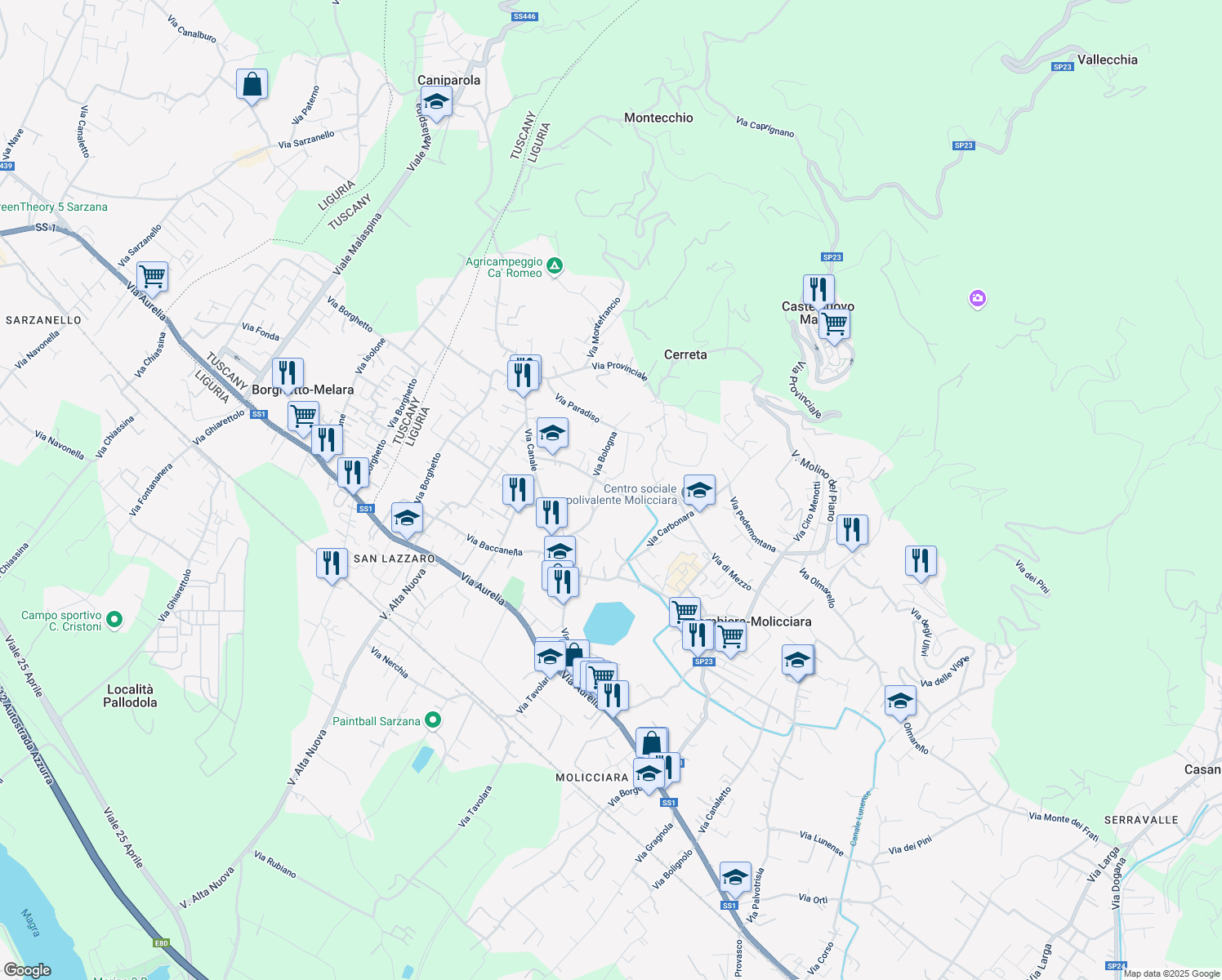 map of restaurants, bars, coffee shops, grocery stores, and more near 17 Via Carbone in Colombiera-molicciara