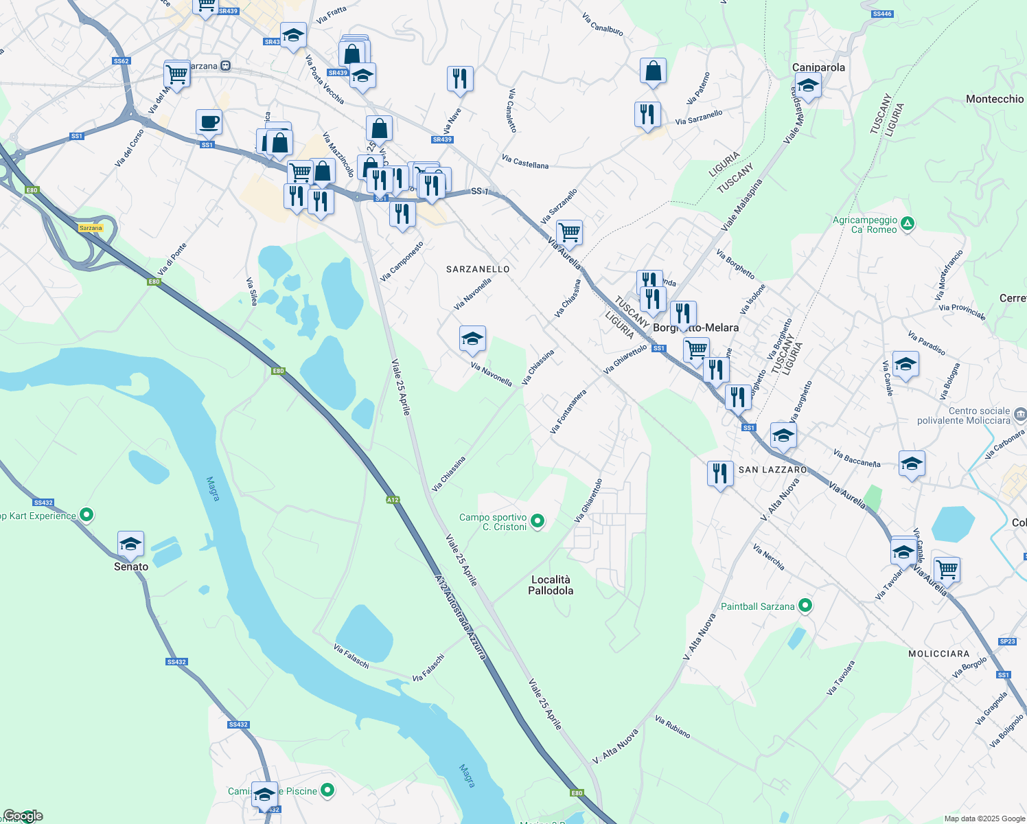 map of restaurants, bars, coffee shops, grocery stores, and more near 36 Via Fontananera in Provincia della Spezia