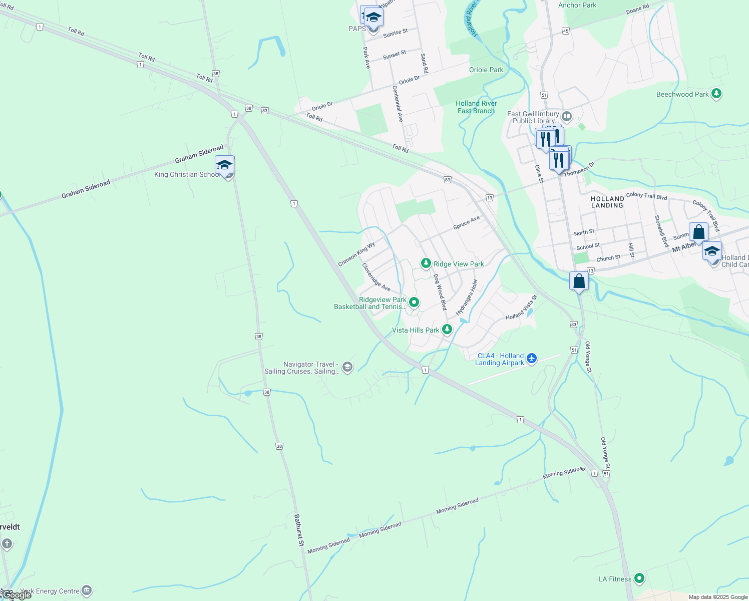 map of restaurants, bars, coffee shops, grocery stores, and more near Acacia Court in East Gwillimbury