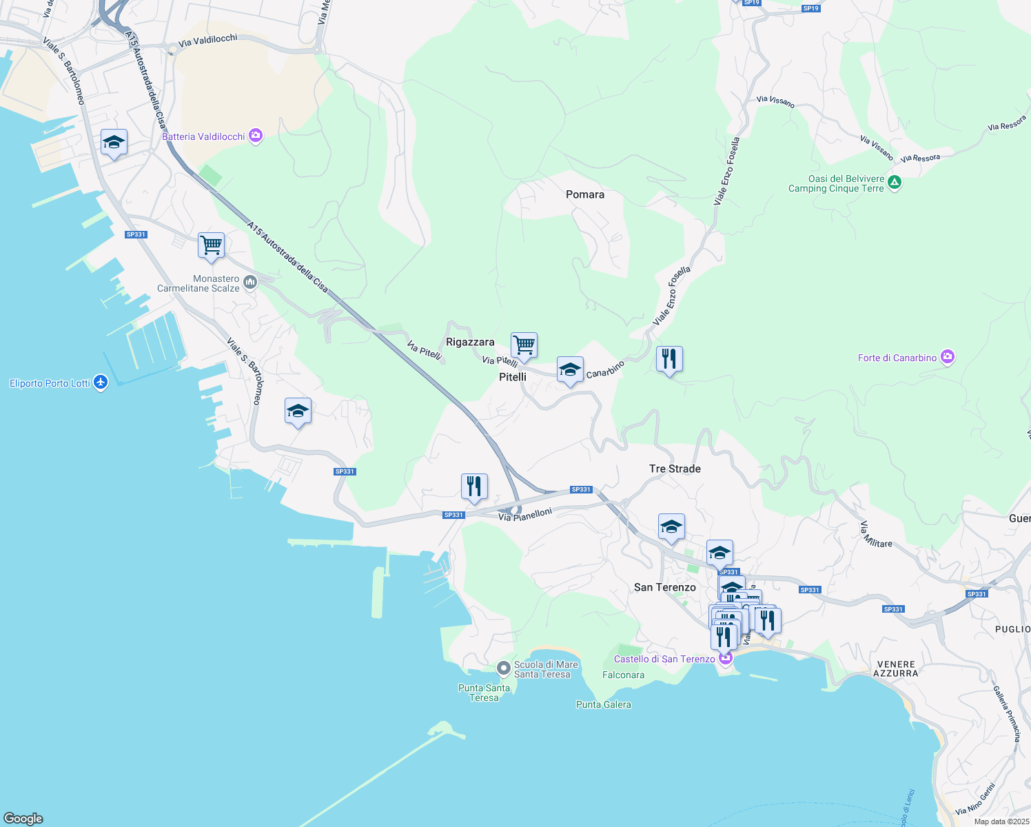 map of restaurants, bars, coffee shops, grocery stores, and more near 110 Via Umberto Biancamano in Lerici