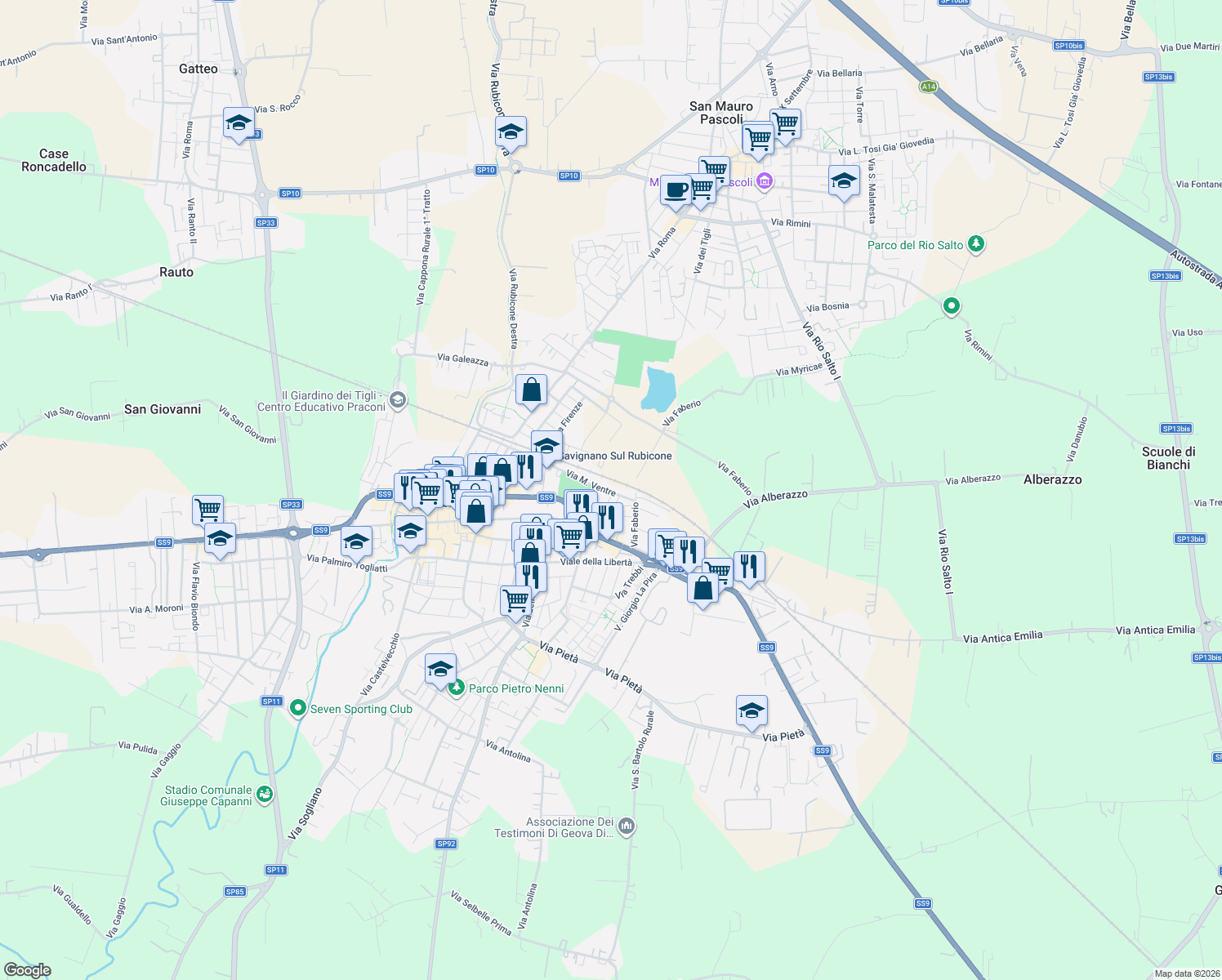 map of restaurants, bars, coffee shops, grocery stores, and more near 9 Via M. Ventre in Savignano sul Rubicone