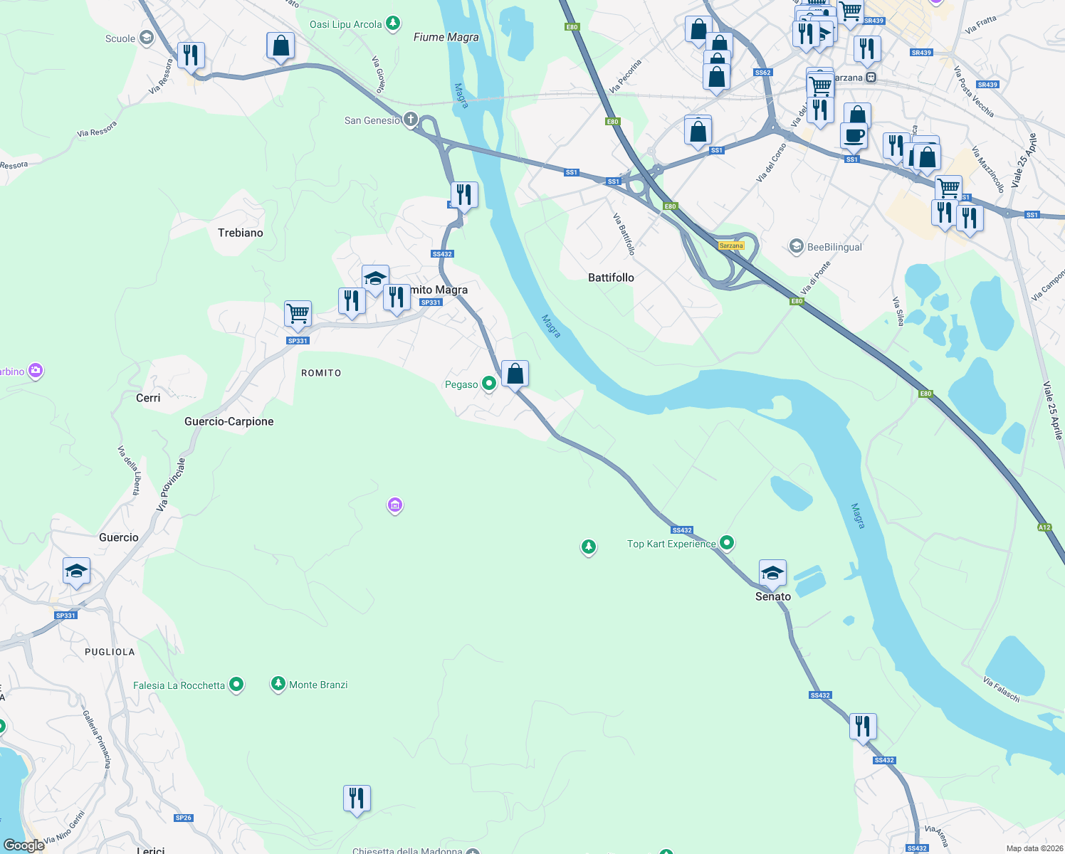 map of restaurants, bars, coffee shops, grocery stores, and more near Strada Statale 432 in Province of La Spezia
