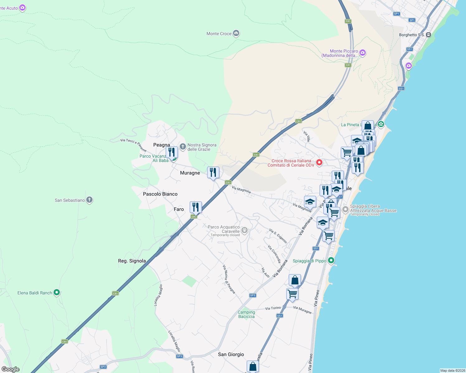 map of restaurants, bars, coffee shops, grocery stores, and more near 126 Via Magnone in Ceriale