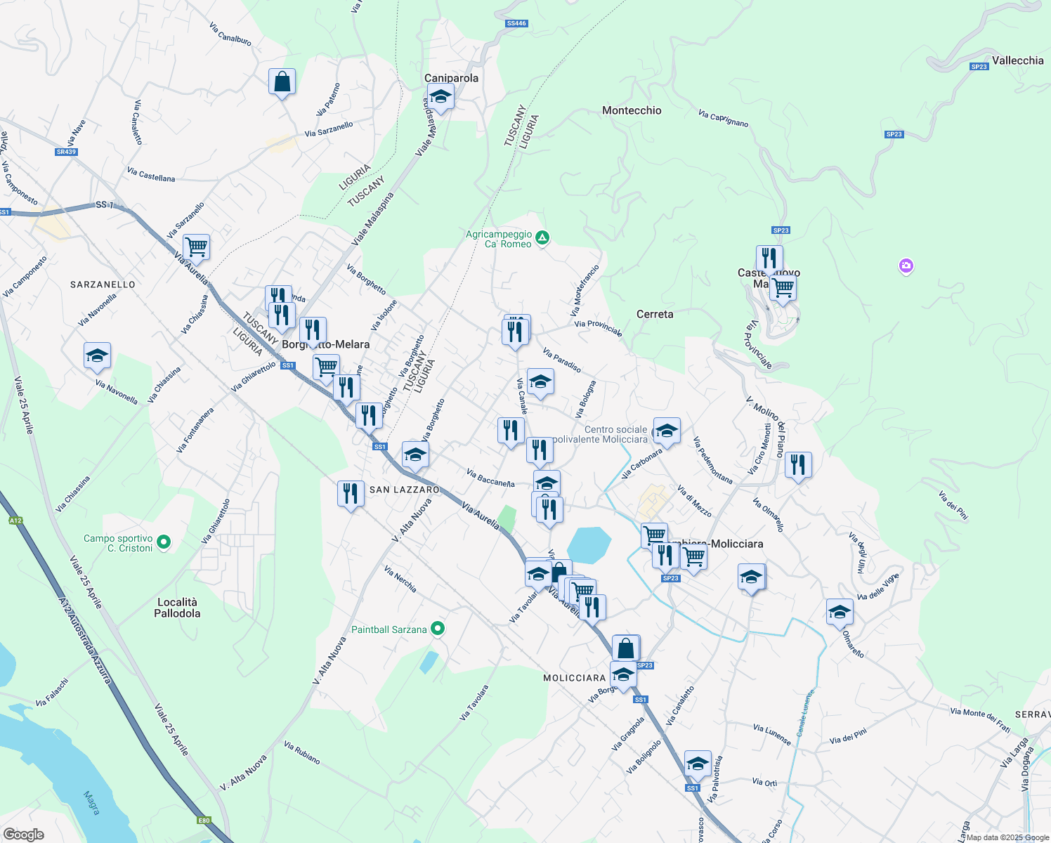 map of restaurants, bars, coffee shops, grocery stores, and more near 115 Via Canale in Colombiera-Molicciara
