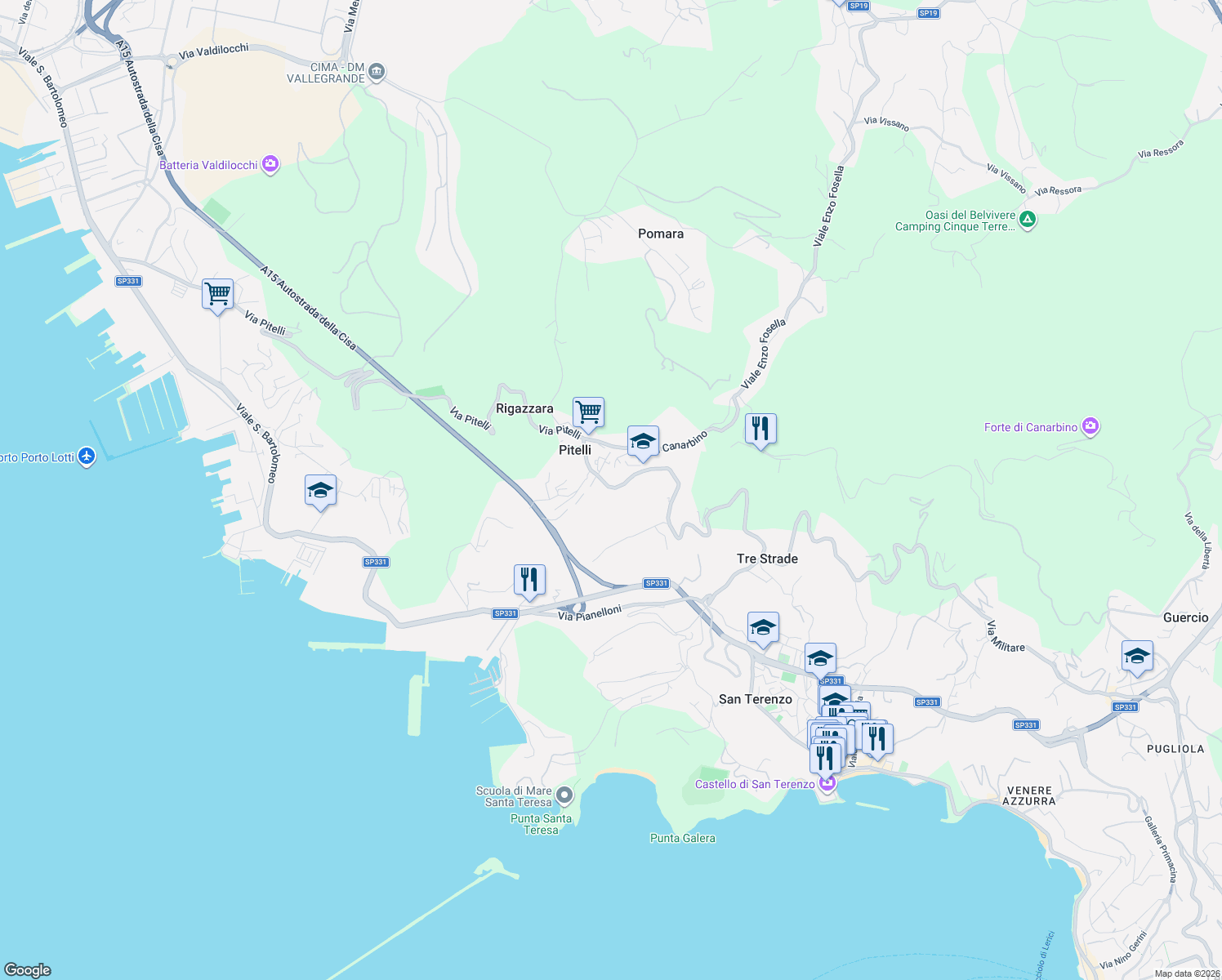 map of restaurants, bars, coffee shops, grocery stores, and more near 150 Via Umberto Biancamano in Pitelli