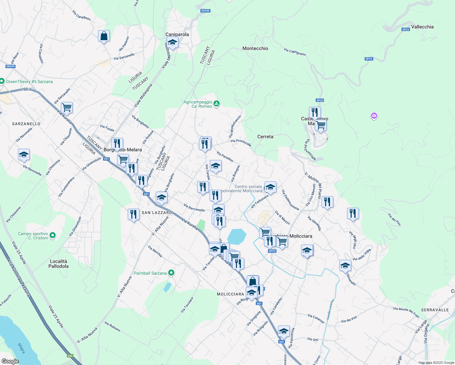 map of restaurants, bars, coffee shops, grocery stores, and more near 12 Via Carbone in Colombiera-Molicciara