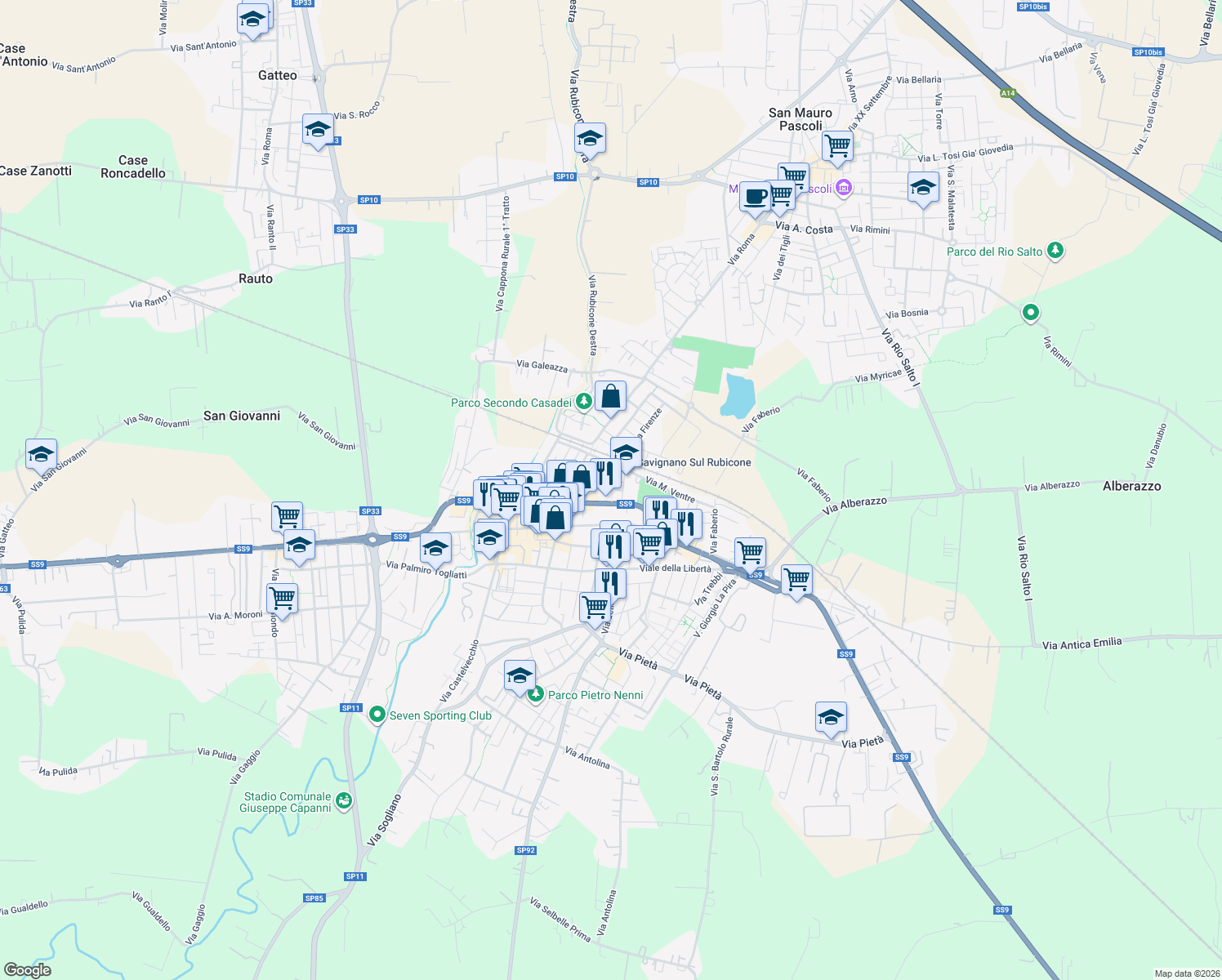 map of restaurants, bars, coffee shops, grocery stores, and more near 62 Via Filzi in Savignano sul Rubicone