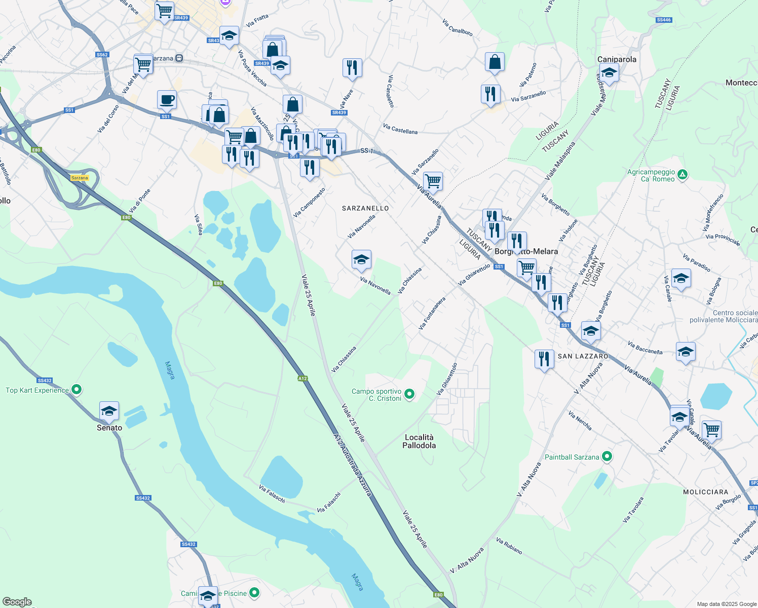 map of restaurants, bars, coffee shops, grocery stores, and more near 36 Via Fontananera in Provincia della Spezia