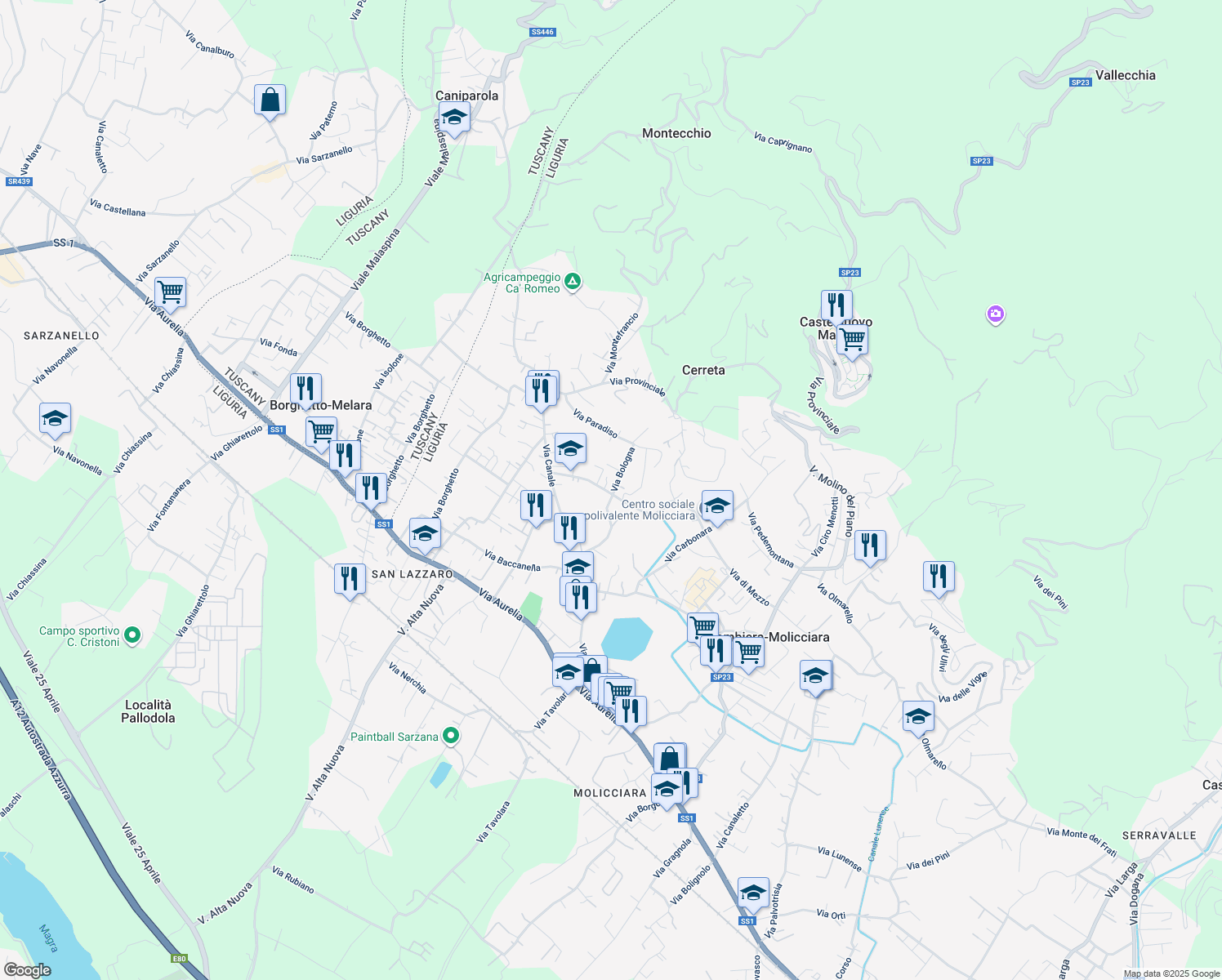 map of restaurants, bars, coffee shops, grocery stores, and more near 17 Via Carbone in Colombiera-molicciara