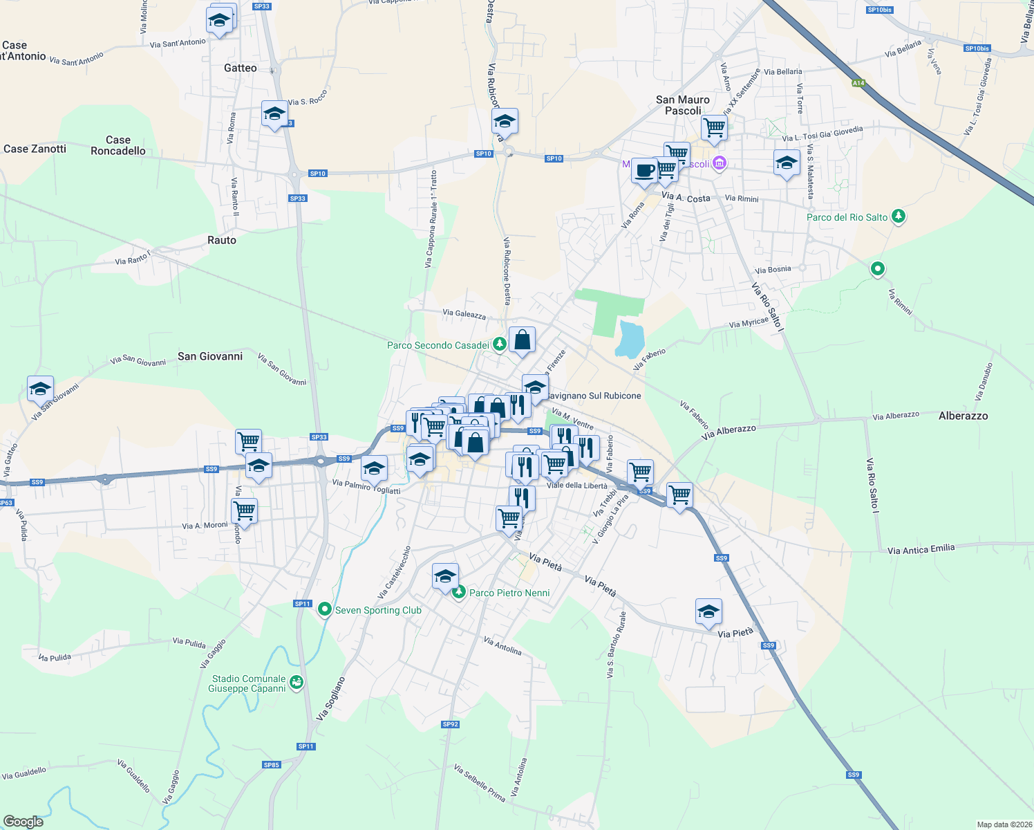 map of restaurants, bars, coffee shops, grocery stores, and more near 62 Via Filzi in Savignano Sul Rubicone