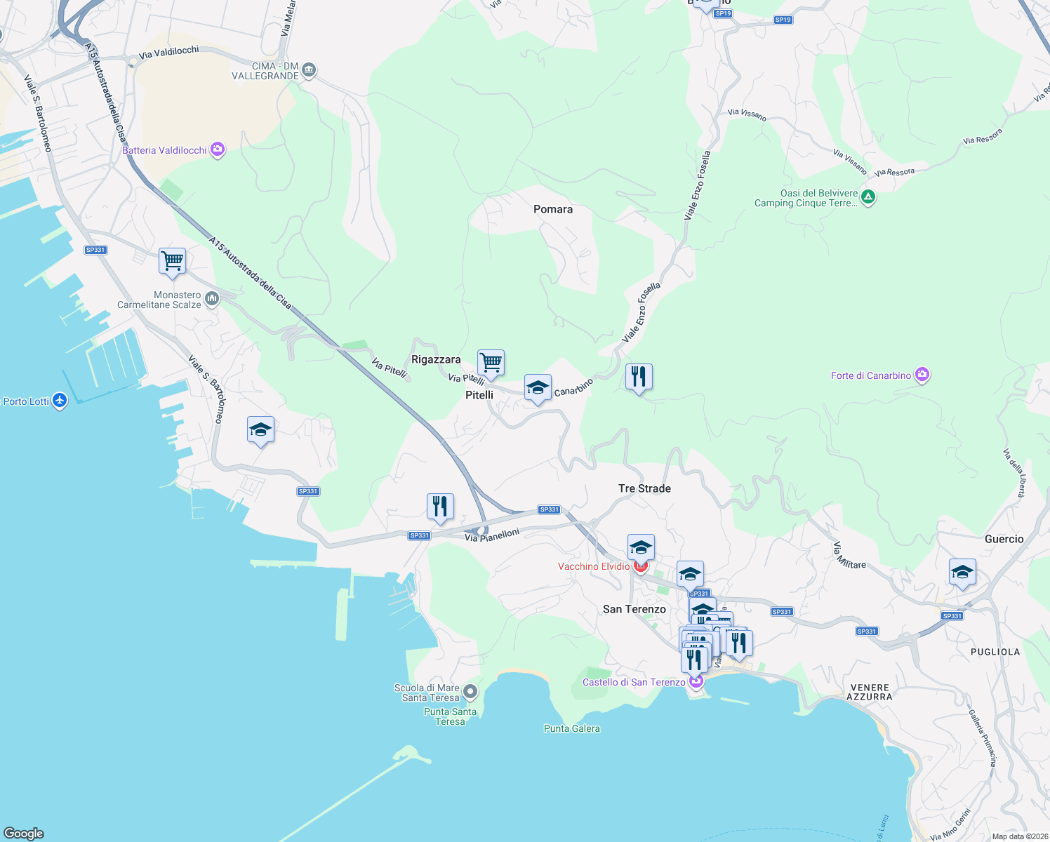 map of restaurants, bars, coffee shops, grocery stores, and more near 232 Via Umberto Biancamano in Pitelli