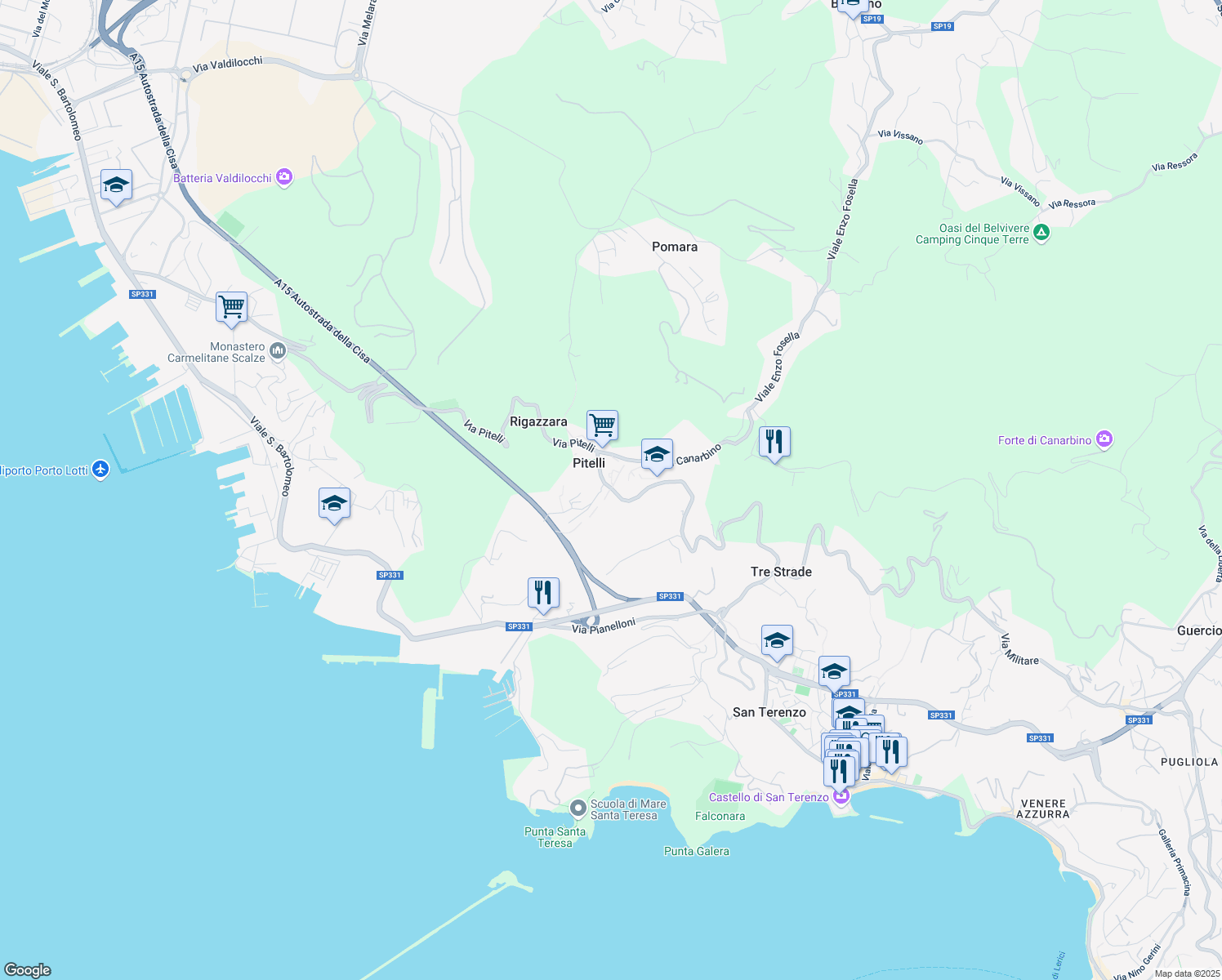 map of restaurants, bars, coffee shops, grocery stores, and more near 110 Via Umberto Biancamano in Pitelli