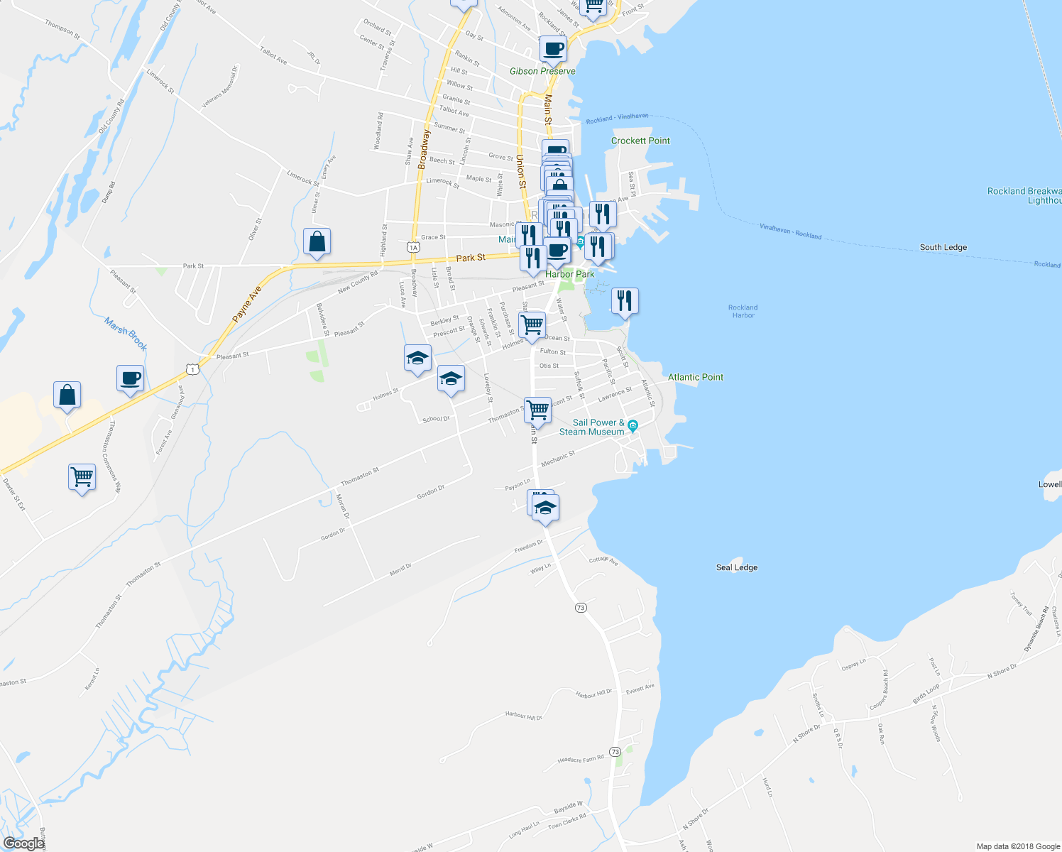map of restaurants, bars, coffee shops, grocery stores, and more near 84 Main Street in Rockland