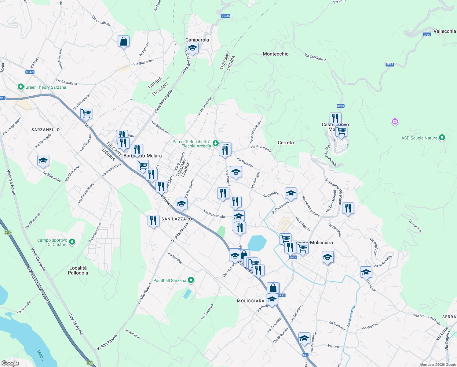 map of restaurants, bars, coffee shops, grocery stores, and more near 115 Via Canale in Colombiera-Molicciara